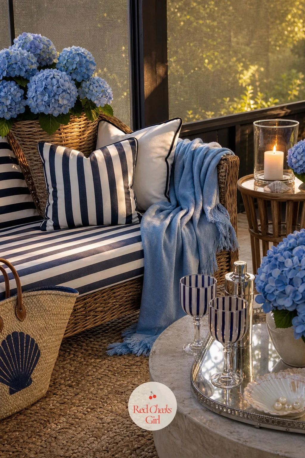 The Striped Lounge Corner — Guests need somewhere to land that is not a hard dining chair, and this corner gives the whole house its first soft surface. Last