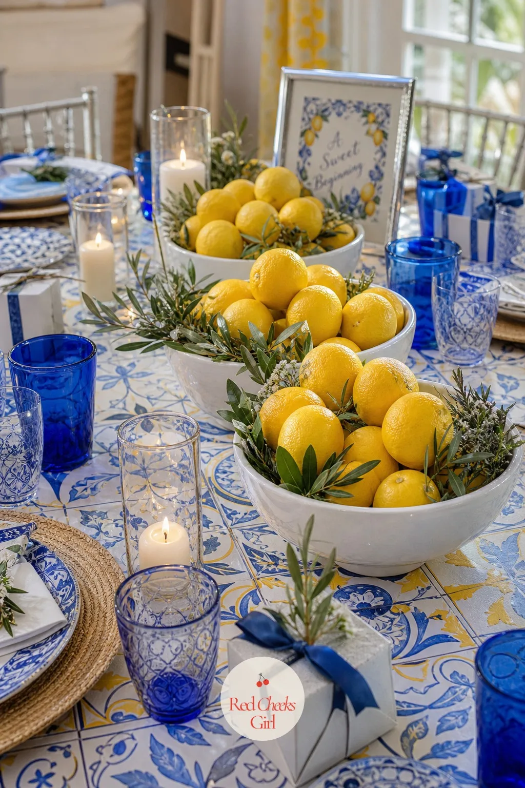 Bowls of Fresh Lemons as the Centerpiece — A table this colourful still needs one thing that looks genuinely edible rather than only decorative, and whole