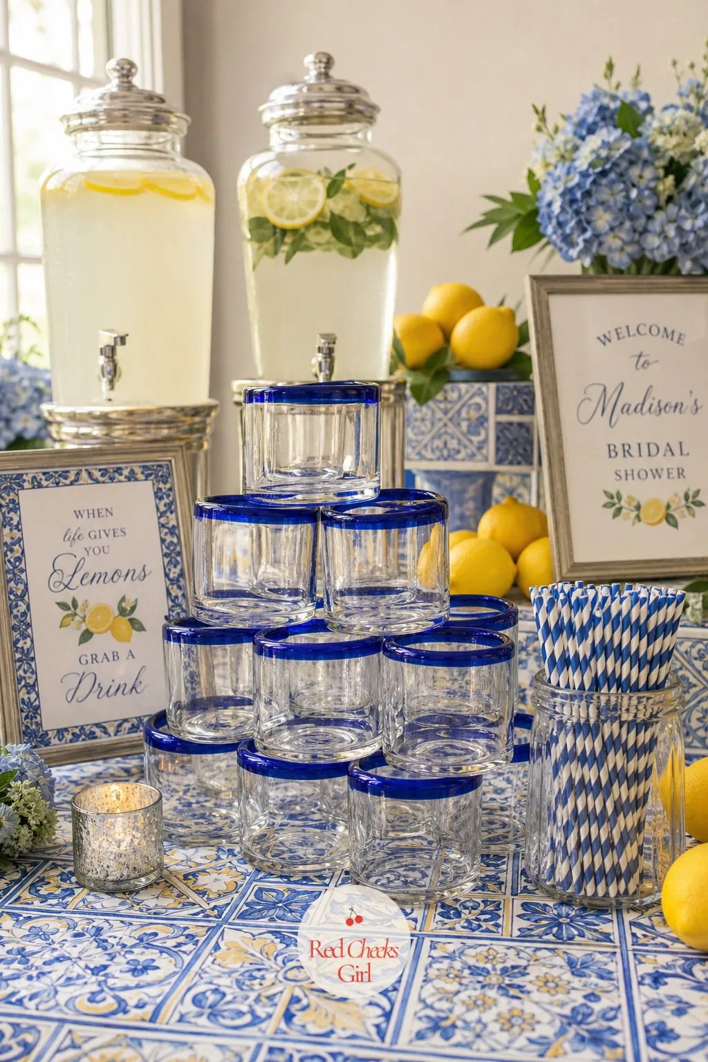Cobalt Glassware and Striped Paper Straws — Clear plastic cups undercut the whole bar in one go, so the glassware does real work here: cobalt rimmed tumblers