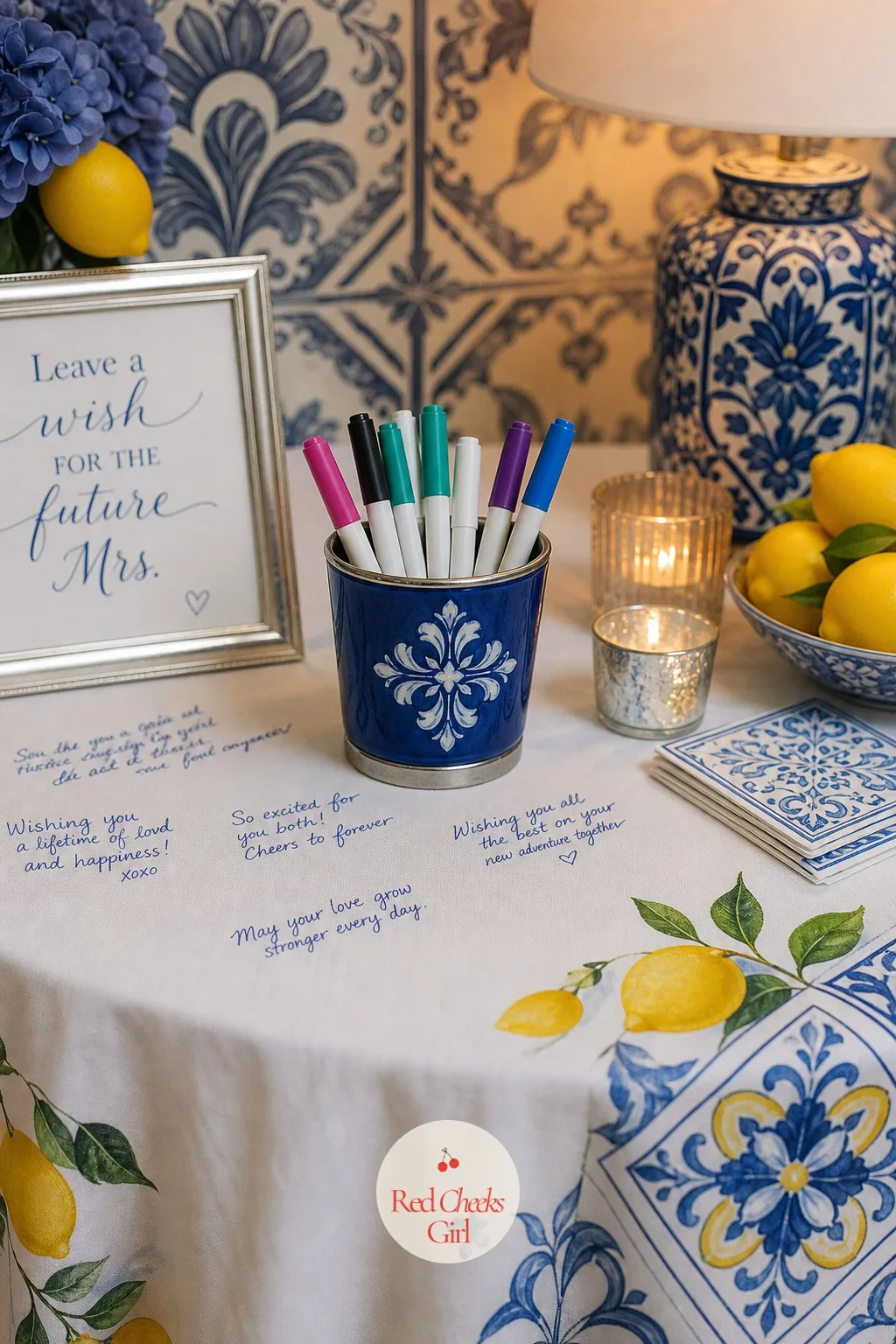 Fabric Pen Caddy at the Wishes Table — A pile of loose pens on a tablecloth looks careless, and half of them run dry before the last guest signs. Lemon and