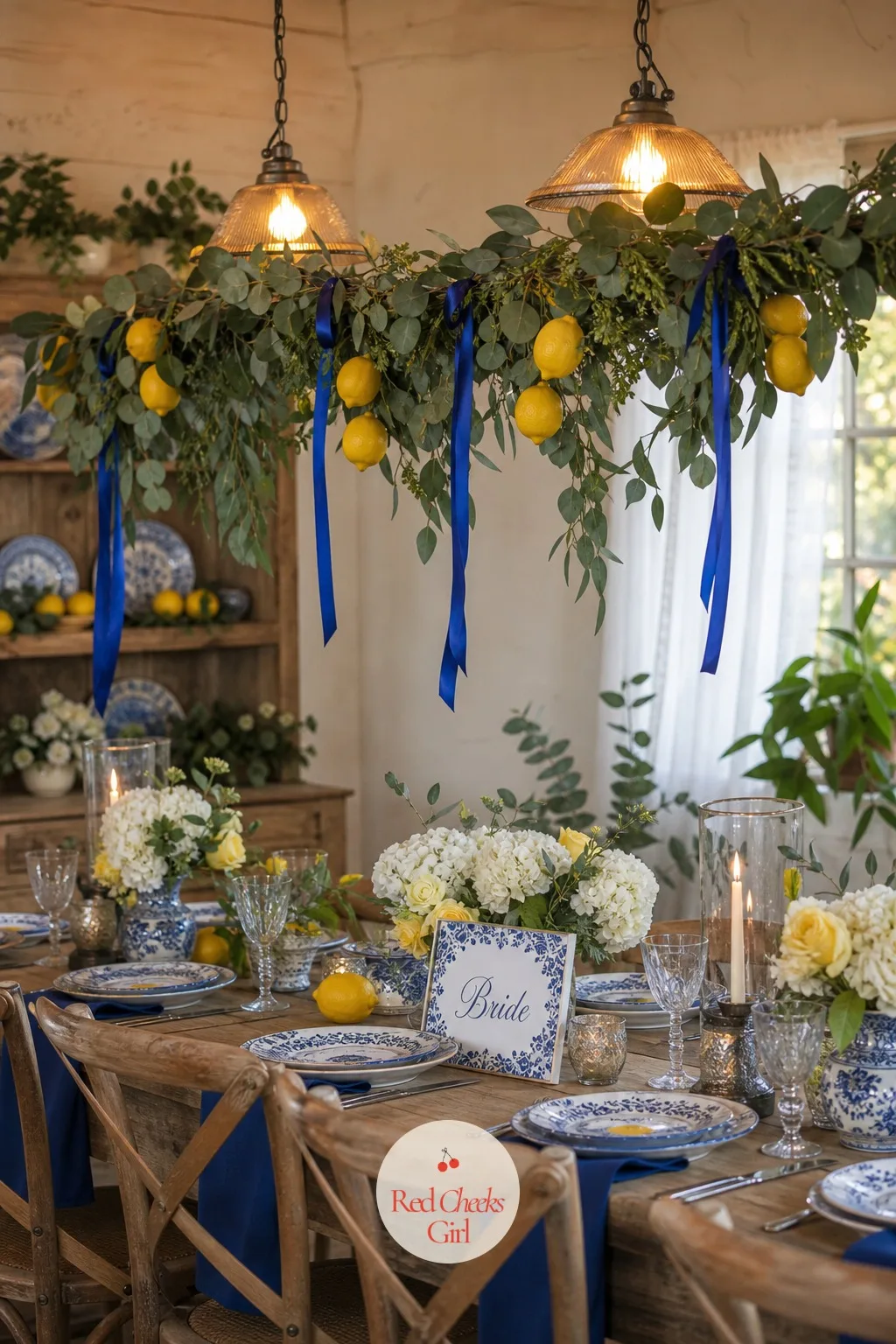 Hanging Lemon and Eucalyptus Garland Over the Table — Overhead is the one place this theme has not yet touched by the time guests sit down, and a low hanging