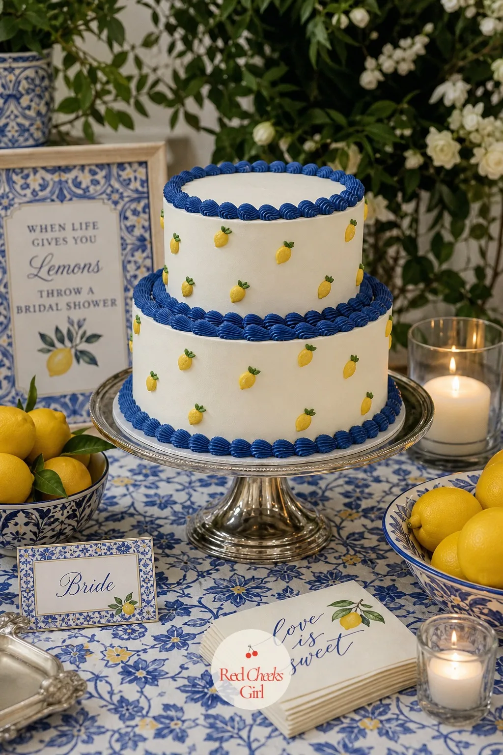 Lemon Cake with Cobalt Blue Piping — The cake is the one object every guest photographs, so it carries the theme at full strength: a two tier lemon cake in