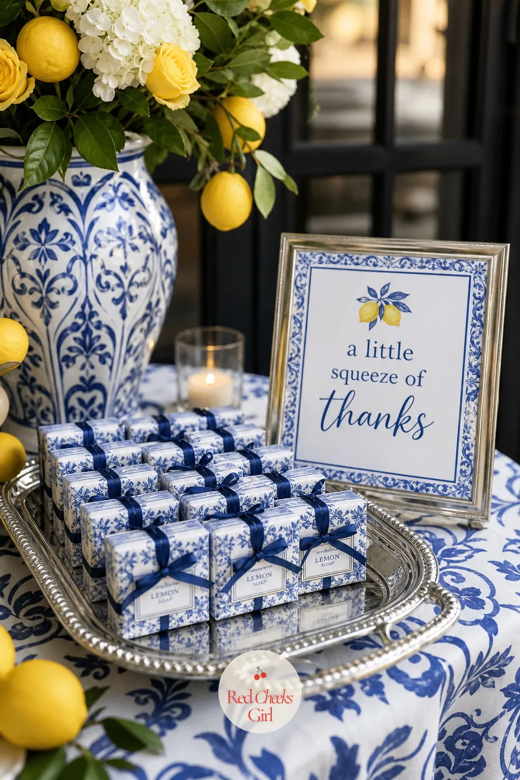 Lemon Soap Favors Wrapped in Tile Paper — The favor table is the last thing guests touch on their way out, and a small bar of lemon scented soap wrapped in