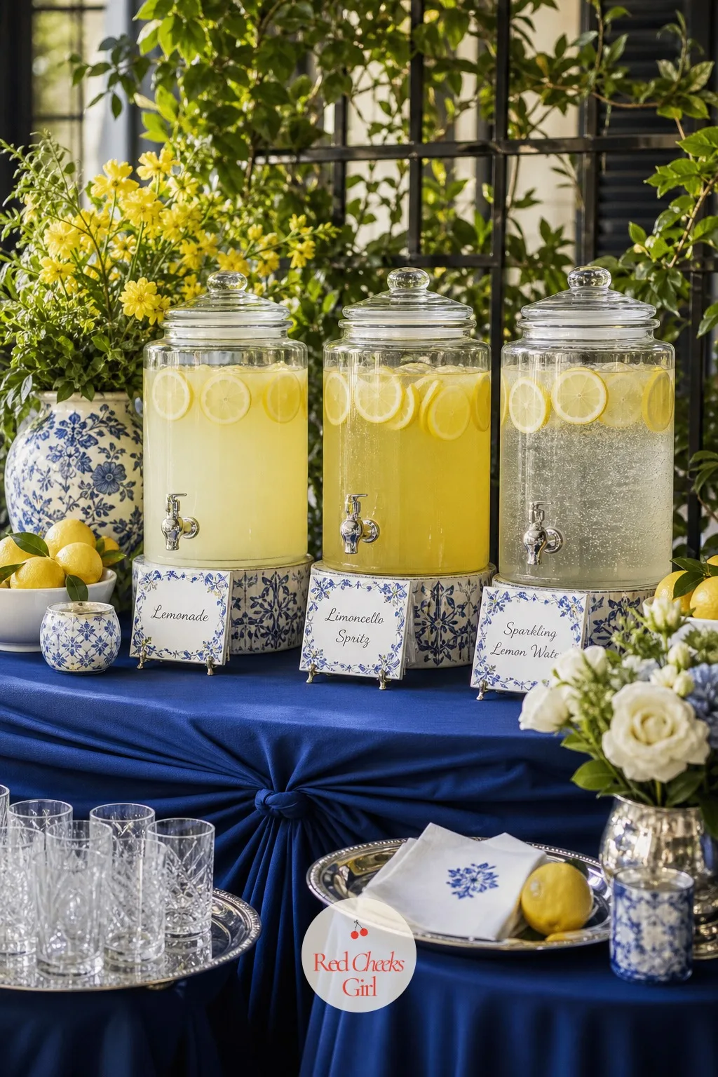 Lemonade and Limoncello Spritz Bar — A single pitcher of lemonade on a side table does not count as a bar, and this theme deserves a proper one: a station with