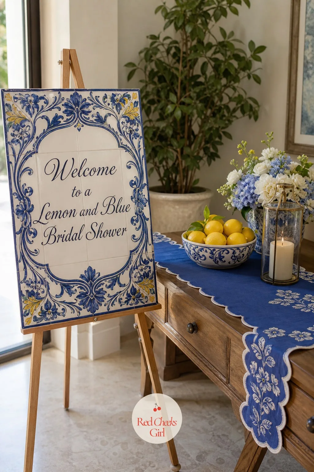 Mediterranean Tile Welcome Sign at the Door — Guests need to know, before they even find a seat, exactly what kind of afternoon this is. Lemon and blue bridal
