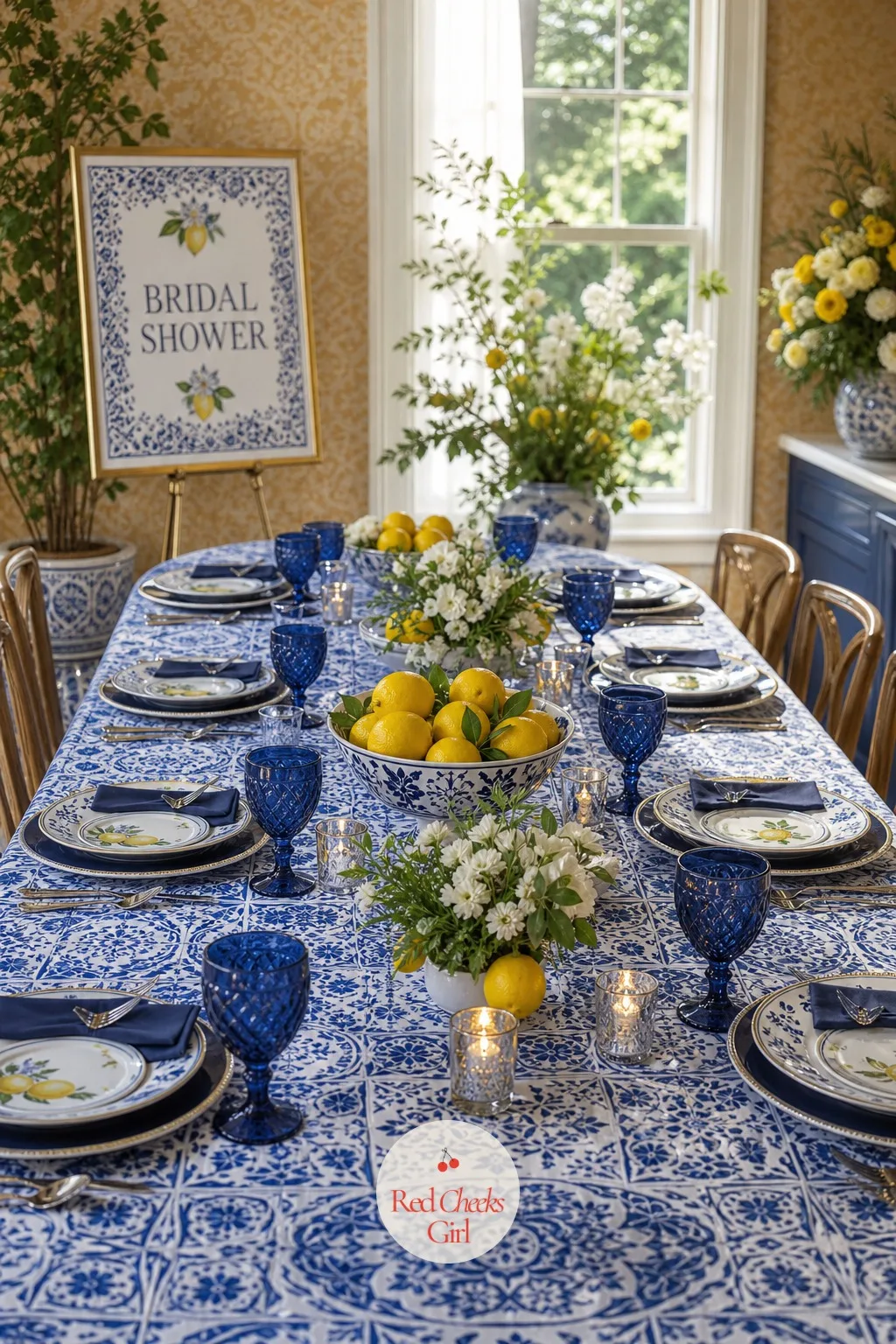 Mediterranean Tile-Print Tablecloth as the Base — Every plate and bowl on this table needs something to sit on, and a printed cotton tablecloth in cobalt and