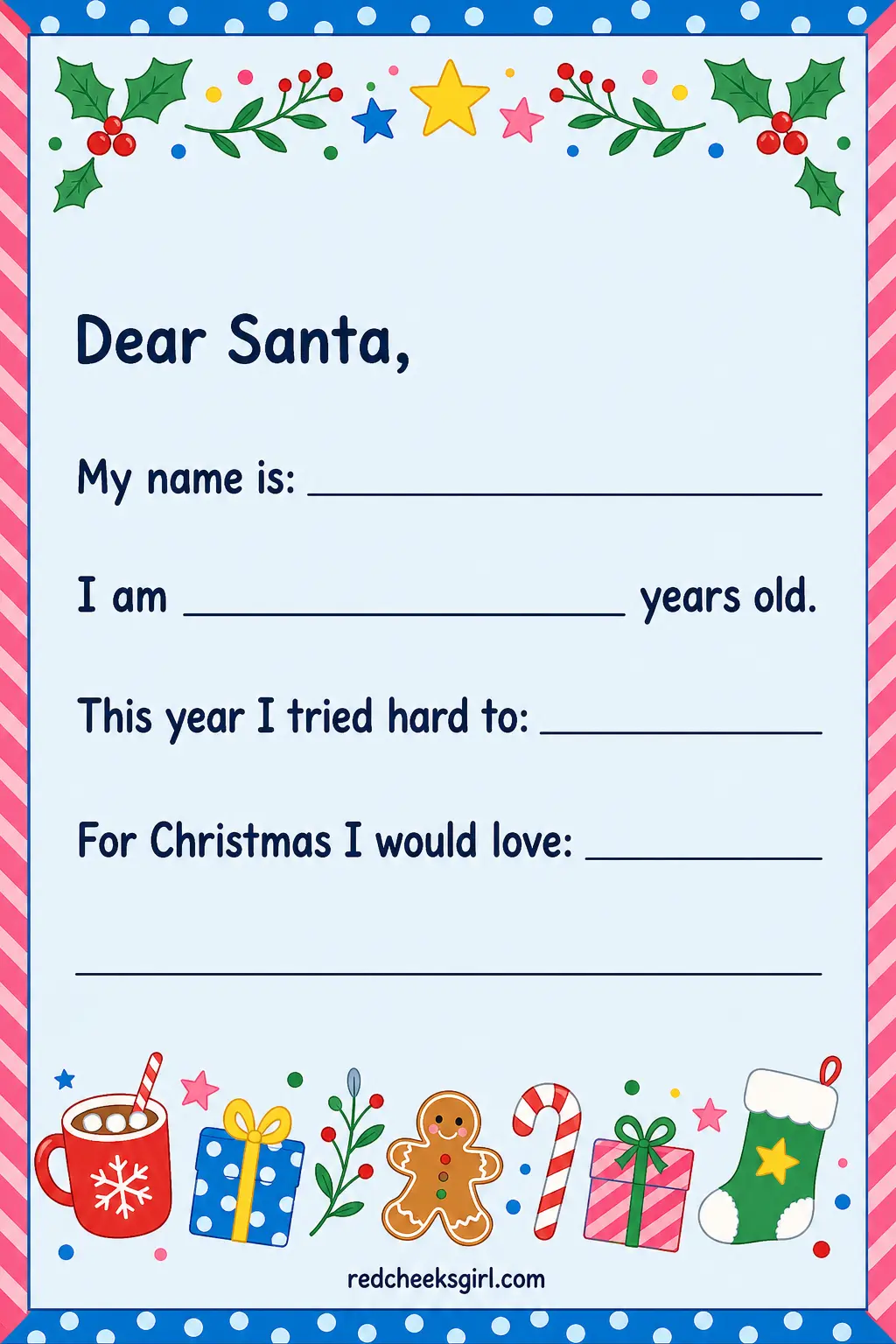 The Classic Dear Santa Letter printable sheet — The one to reach for first, for any child who already writes a few sentences on their own. Letter to santa
