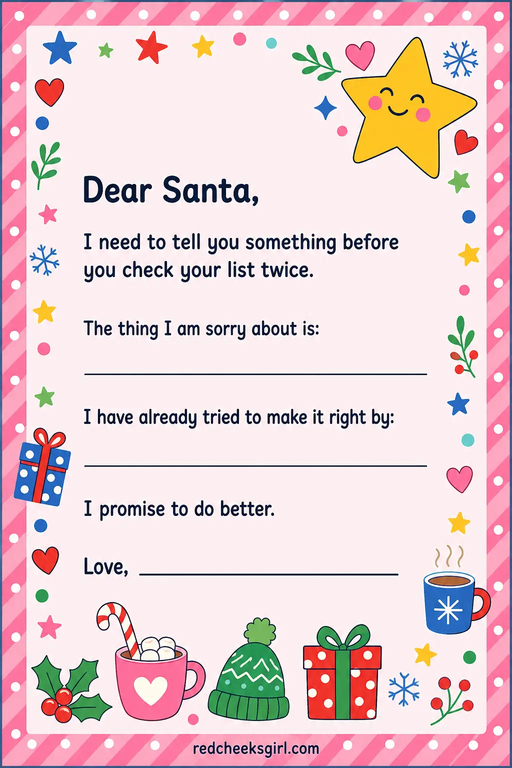 The Honest Confession Letter printable sheet — For the child who wants to come clean about one bit of mischief before Santa notices on his own. Letter to santa