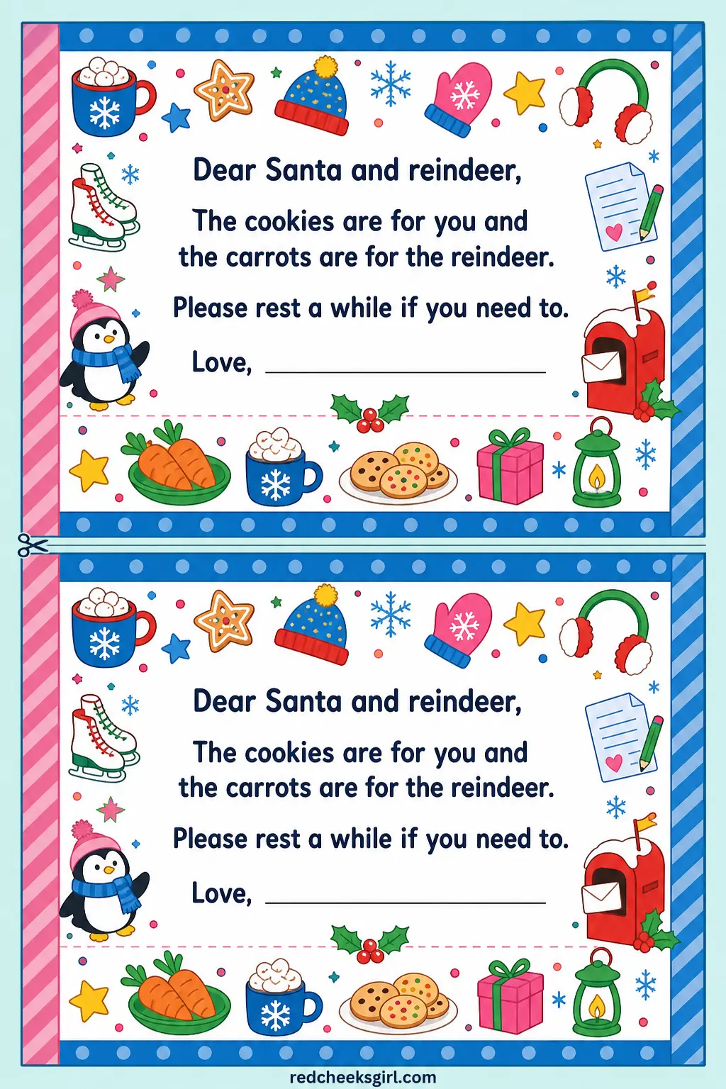 The Note Left With the Cookies printable sheet — For Christmas Eve itself, a tiny note tucked under the plate alongside the cookies and the carrots for the