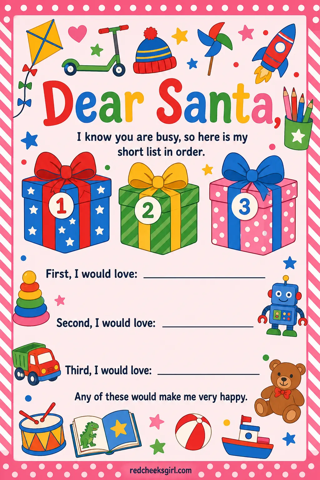 The Top Three Wishes Letter printable sheet — For the family that would rather get fewer, better gifts than a long scattered list. Letter to santa