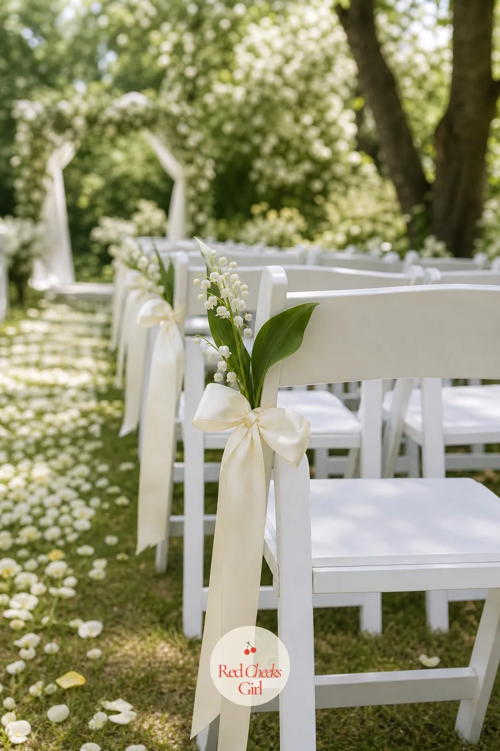 Aisle Chairs Tied With Ivory Ribbon — An empty chair down an aisle looks unfinished. Lily of the valley wedding