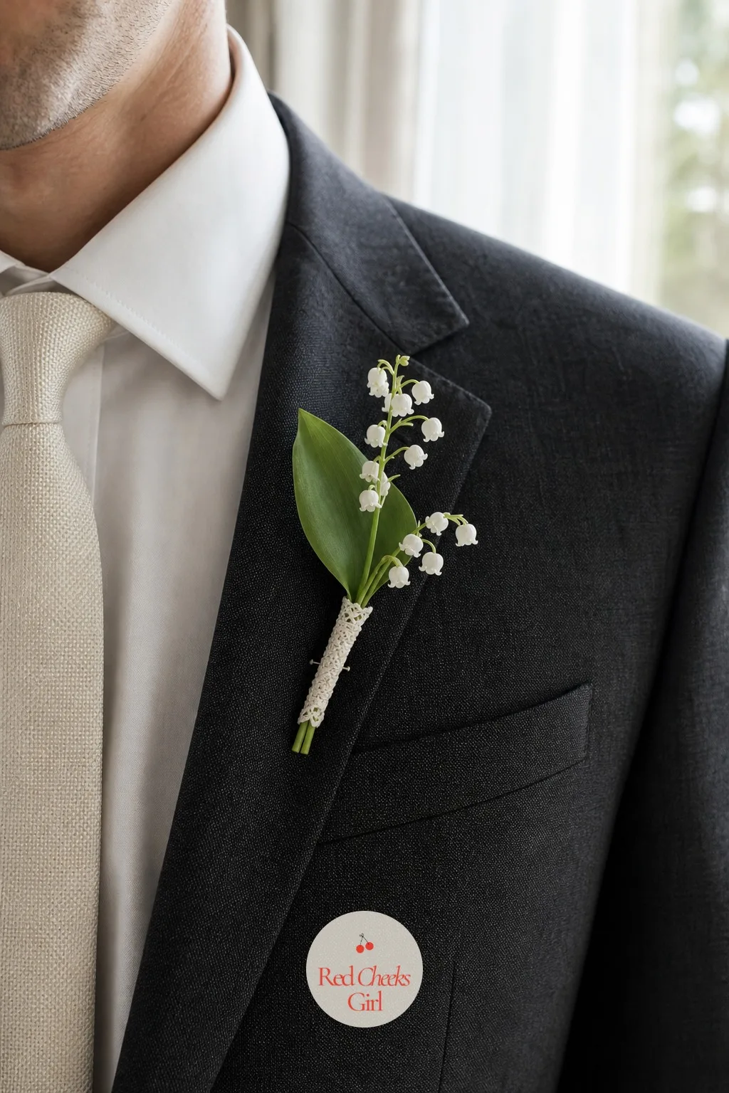 Boutonnieres for the Groom and His Men — The same tiny proportion belongs on the lapel too, one sprig rather than the usual cluster, pinned flat with a wisp of