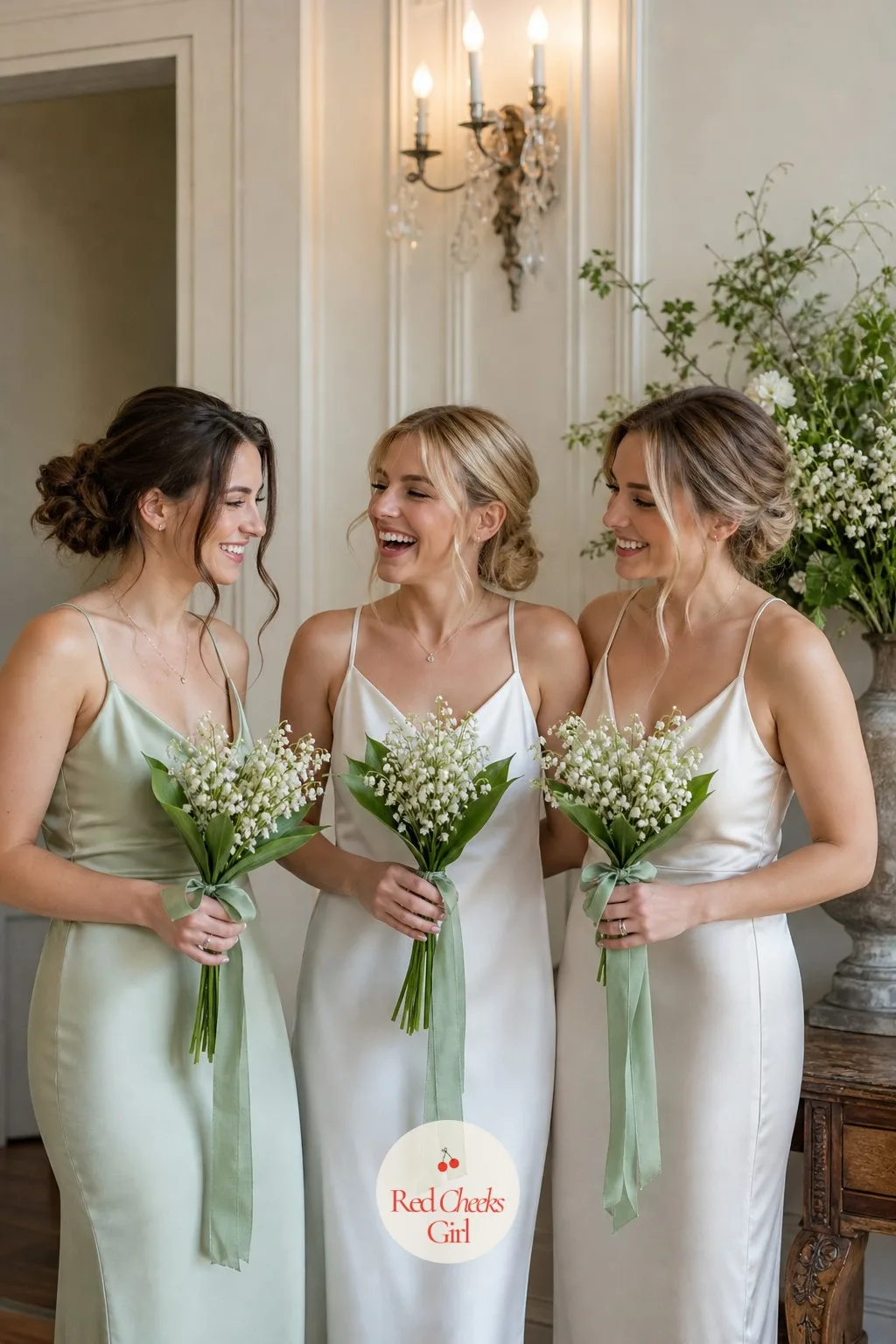 Bridesmaid Bouquets in the Same Tiny Scale — Each bridesmaid carries the same idea one size down, so the line of them walking in stays even and nobody's