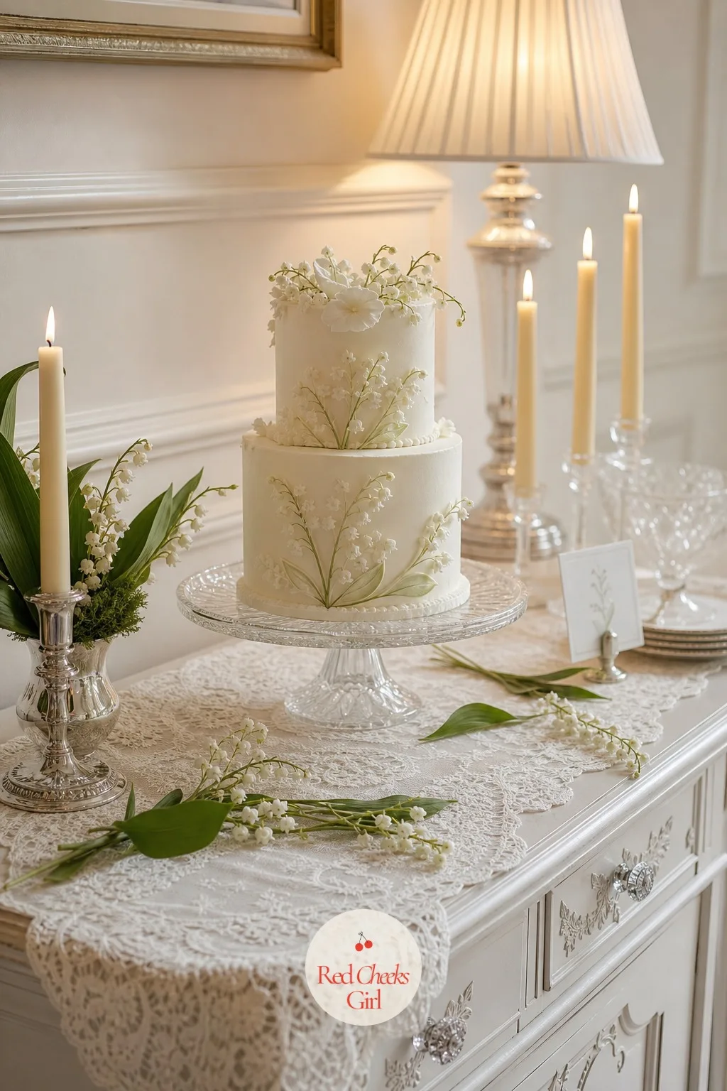 An Ivory Lace Runner Beneath the Cake — The cake needs somewhere to stand, and a bare tablecloth under something this detailed looks half finished by