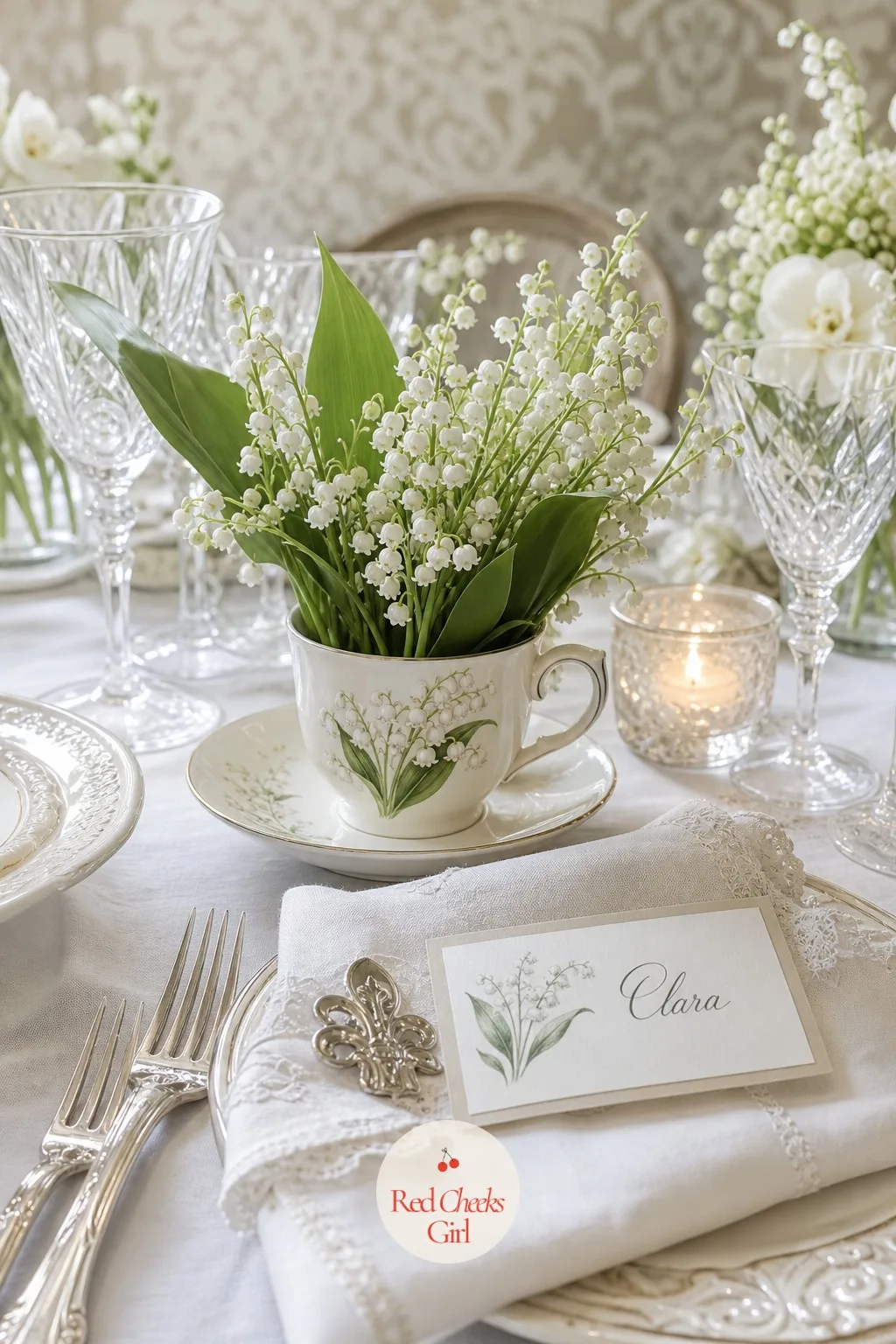 Lily of the Valley in Teacups at Every Place — One small vintage touch right beside the napkin tells guests this is a seated dinner, not a buffet line, before