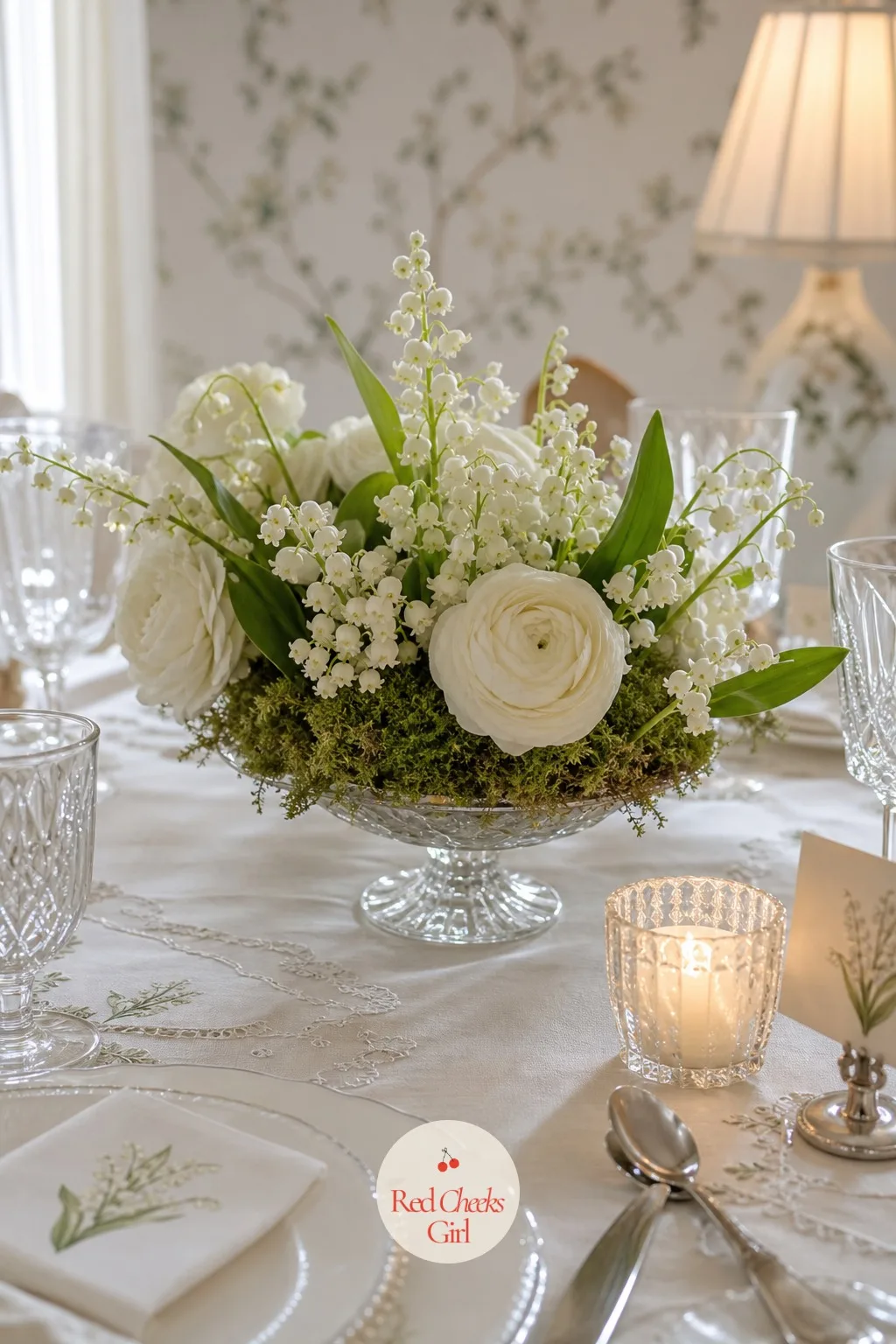 Low Moss and Lily of the Valley Centerpieces — Nobody wants to crane around a tall arrangement to talk to the person across the table, so every centerpiece
