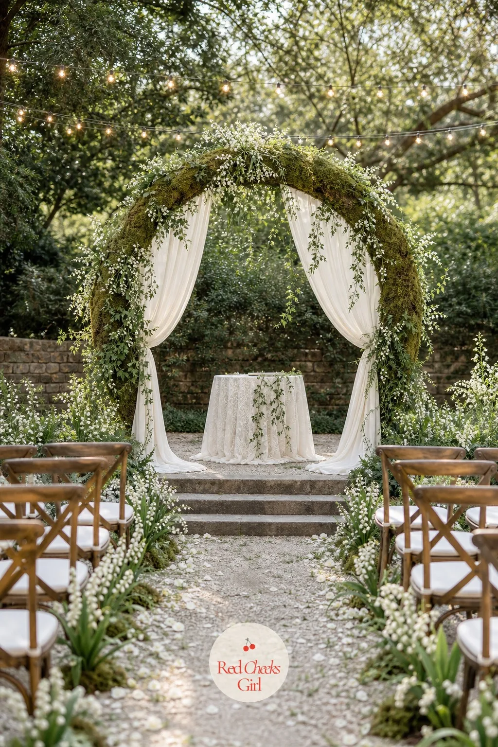 A Moss and Ivory Ceremony Arch — The arch is the biggest single object at the wedding, and the first thing in every ceremony photograph, so it earns the most