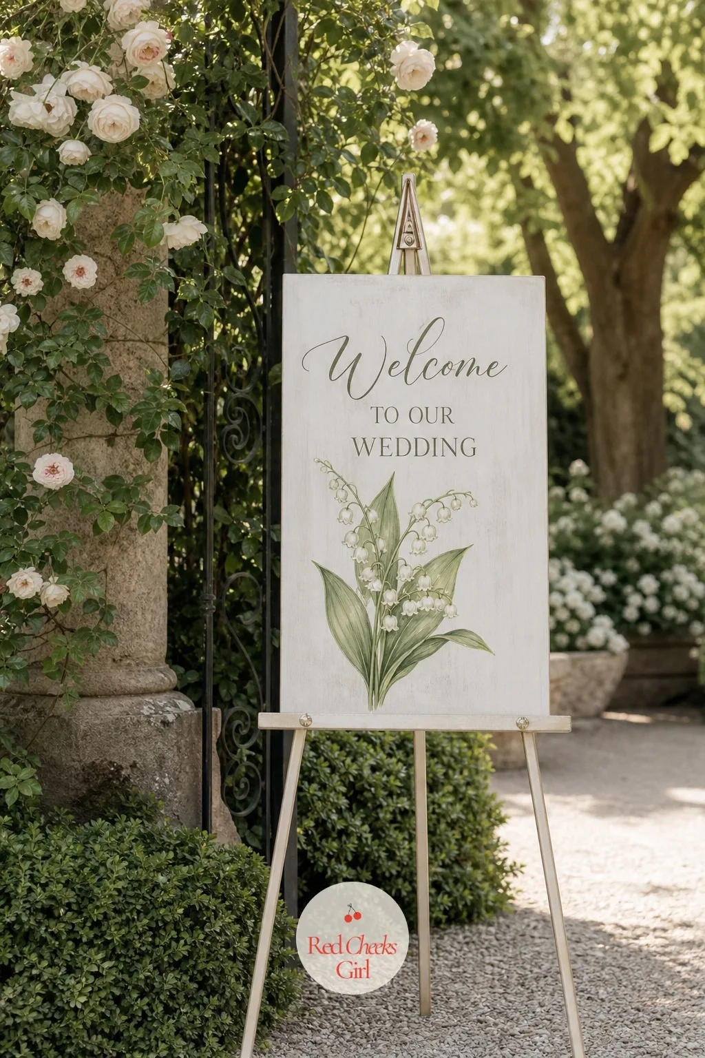 A Welcome Sign Painted With Lily of the Valley — Guests should know the mood before they find their seats. Lily of the valley wedding