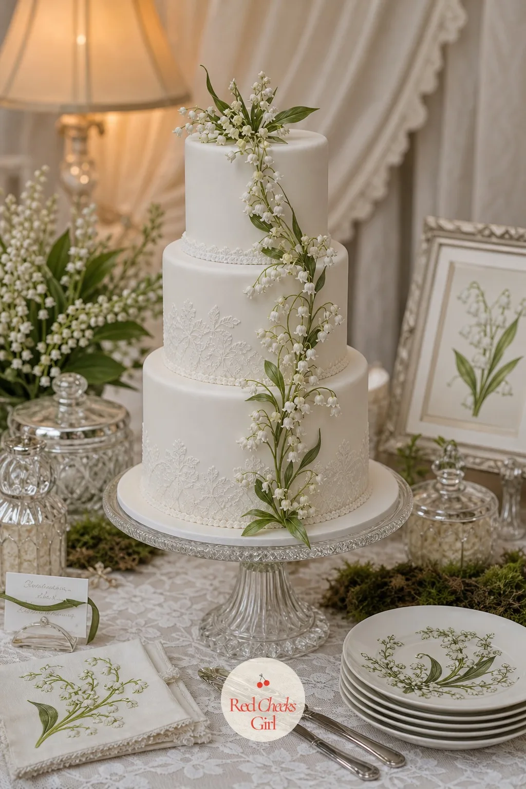 A White Cake With Sugar Bell Flowers — Once the room is fully set, the cake stands on its own table and has to draw the eye without a single fresh flower