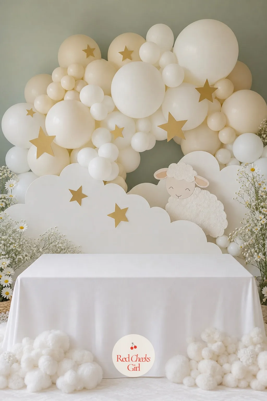 Cloud Backdrop With Gold Stars — Round white and cream balloons, clustered tight in groups of five or six and pinned to a plain curtain or foam board, read as