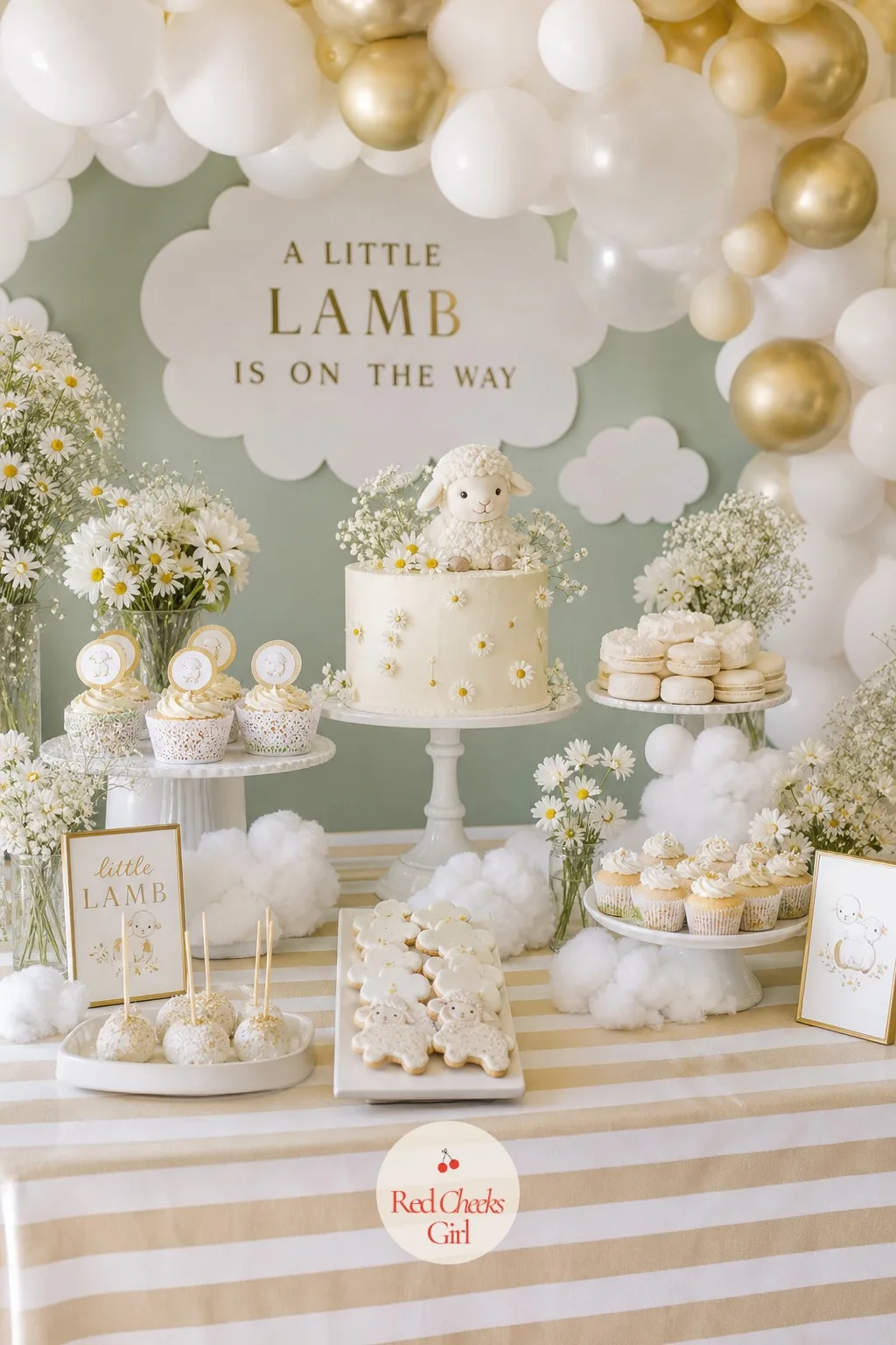 Cloud Dessert Table Display — A tiered arrangement of stands at different heights, set on a white and gold stripe tablecloth, carries every sweet on the table