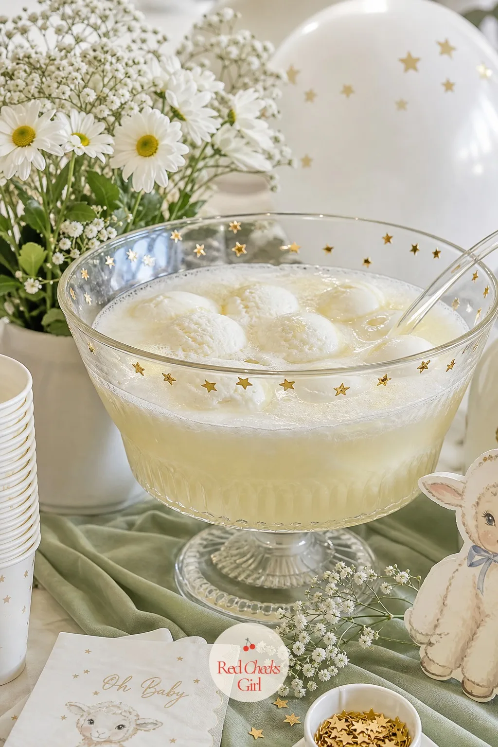 Cloud Punch Bowl — A large glass punch bowl holds a pale sparkling punch with scoops of vanilla sherbet floating on top, which melt slowly into little clouds