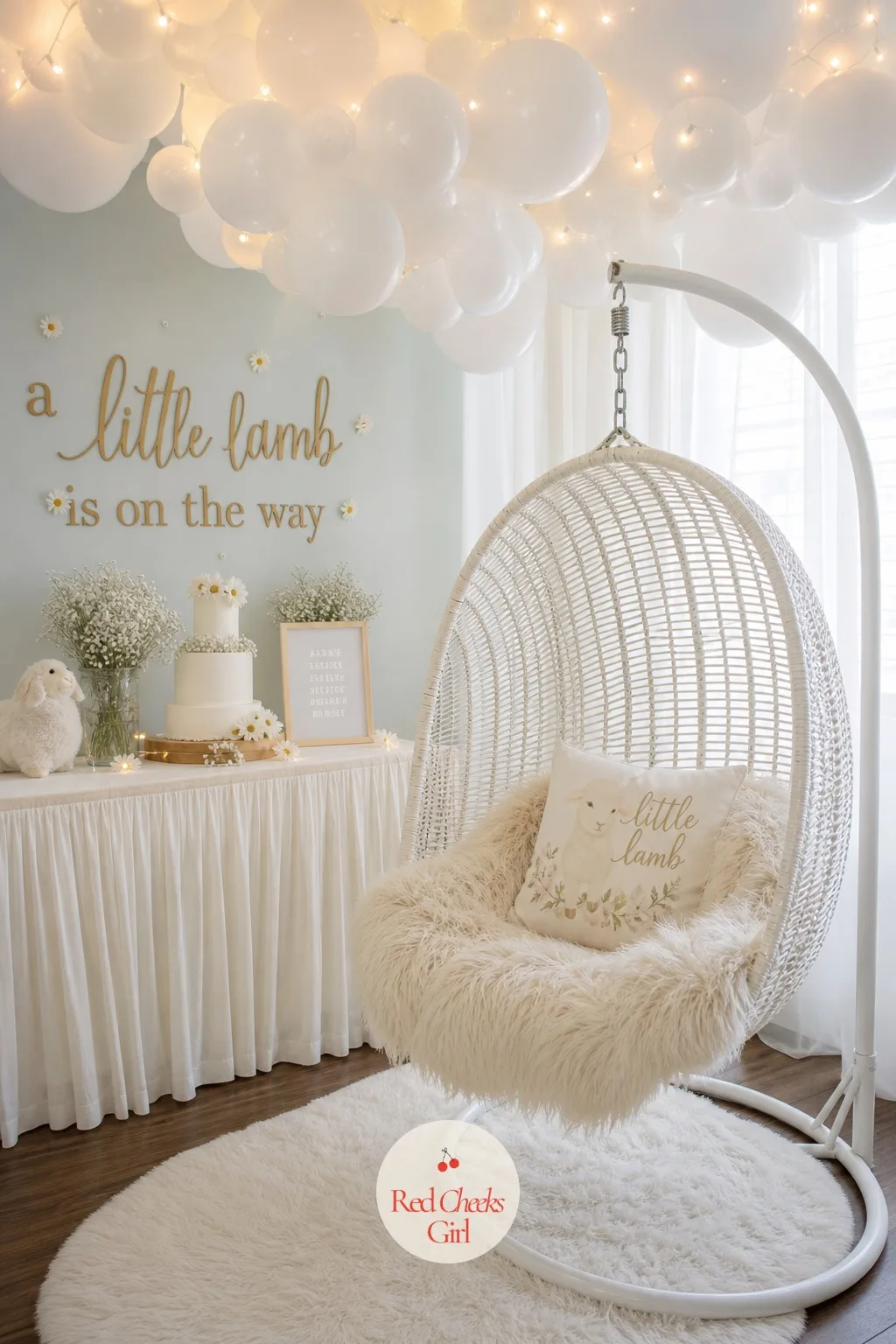 Cloud Swing Photo Spot — A white wicker swing or bench, draped with a soft faux sheepskin throw, sits under a cluster of white balloon clouds hung at different