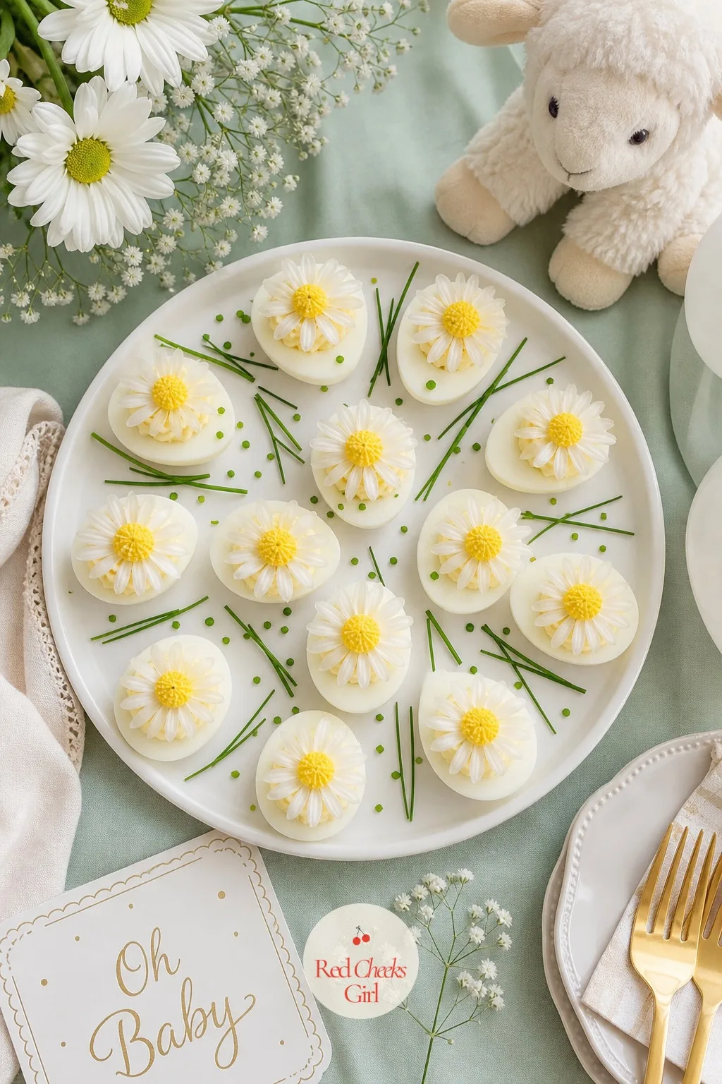 Daisy Deviled Eggs — Classic deviled eggs get a small daisy shape pressed into the yolk filling with thin slices of white onion or mozzarella for petals and a