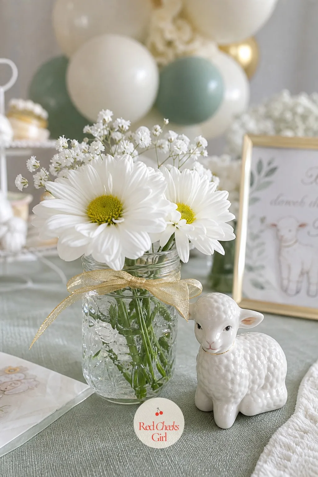 Daisy Jar Centerpieces — A row of small glass jars down the guest table, each holding a loose bunch of daisies and baby's breath with a thin gold ribbon tied