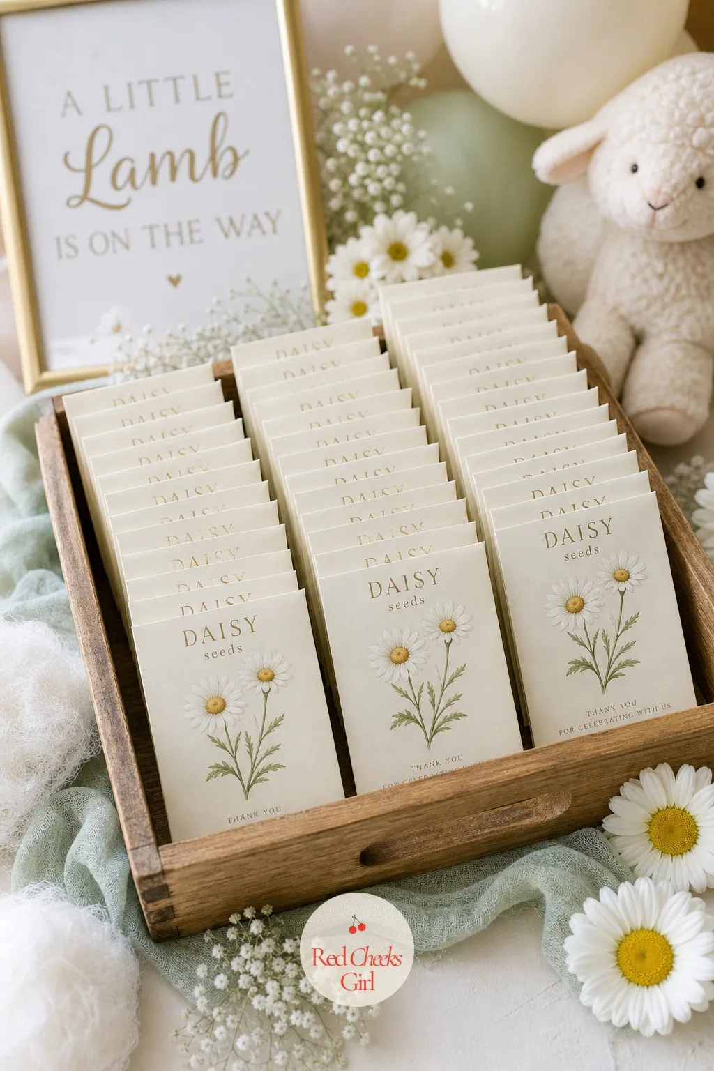 Daisy Seed Packet Favors — Small paper seed packets, printed with a simple daisy illustration and a short line about growing something from this day, hold a