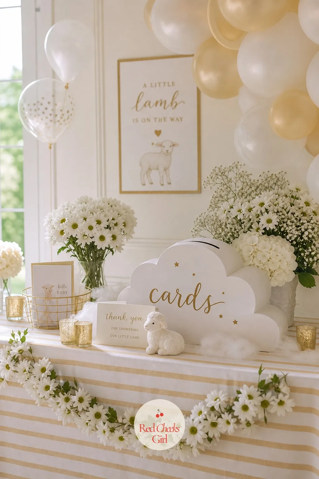 Gift Table With Cloud Card Box — A plain table dressed in the same white and gold stripe cloth as the dessert table carries a cloud shaped card box at one end