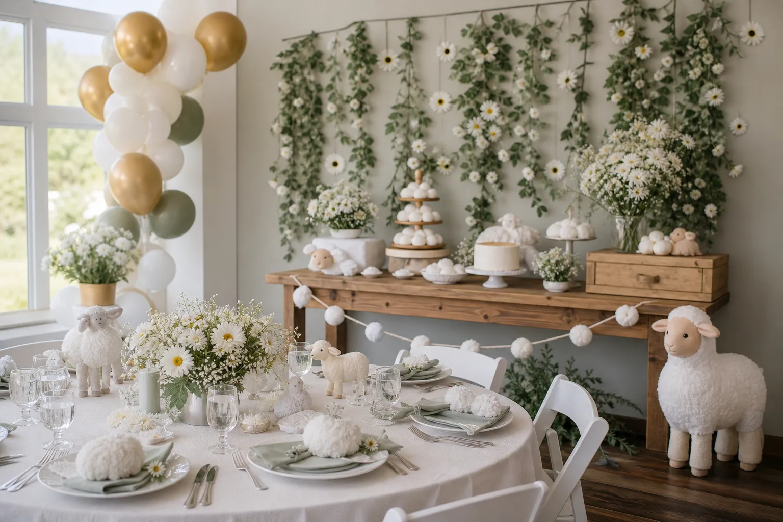 25 Little Lamb Baby Shower Ideas With Wool Pom Poms and Daisy Chains
