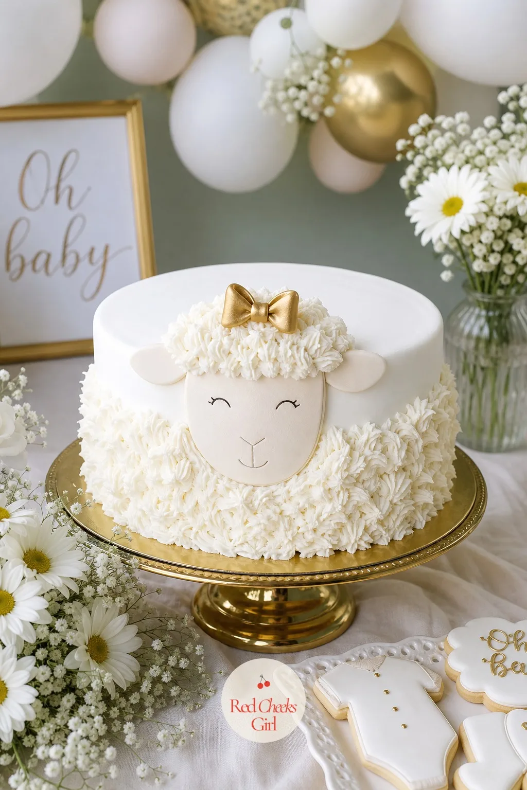 Lamb Cake With Marshmallow Wool — A round white buttercream cake carries a fondant lamb face at the front and a thick band of shaggy piped buttercream swirls