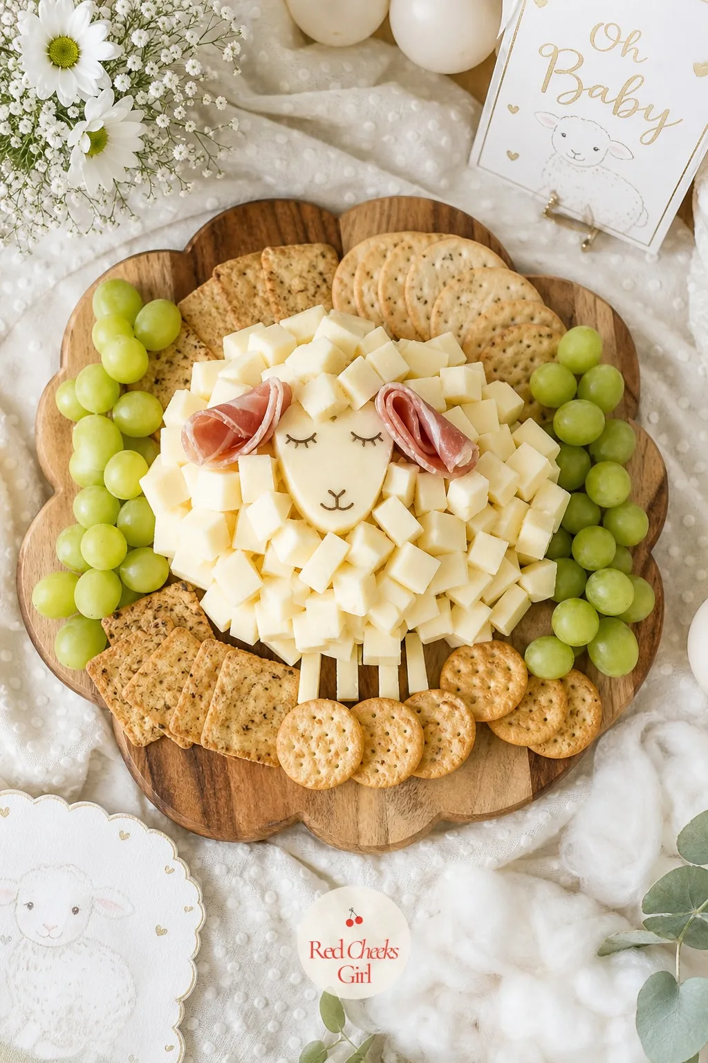 Lamb Shaped Cheese and Cracker Board — A large wooden board arranged so that small cubes of white cheese cluster into the rounded shape of a lamb's body, with