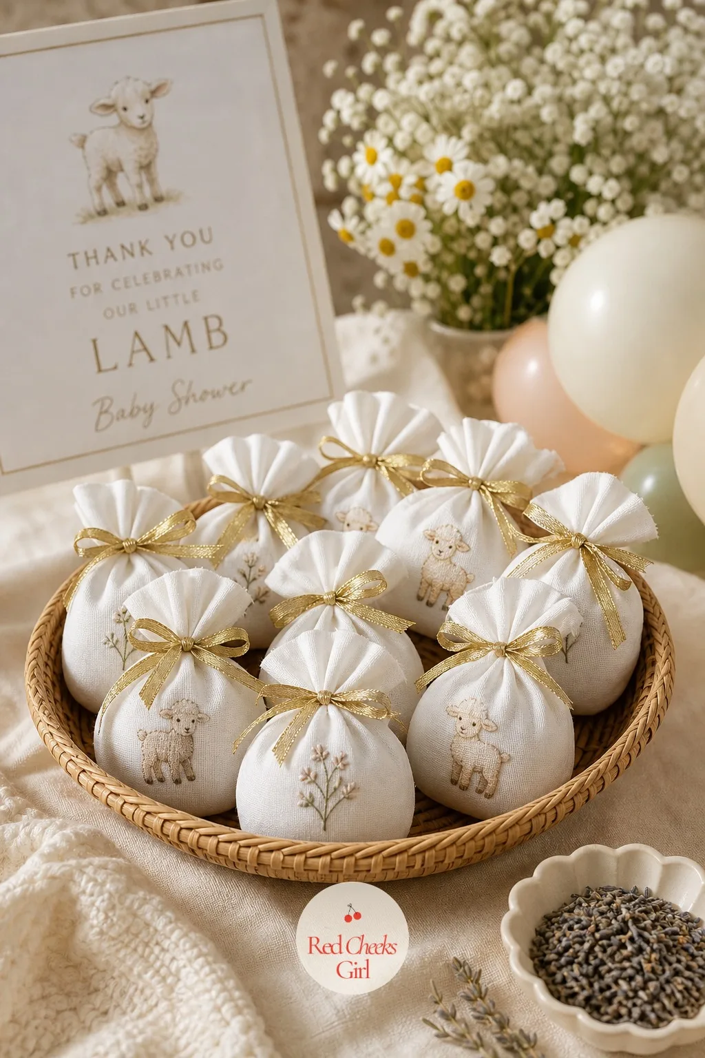 Lavender Wool Sachet Favors — Small round pouches of soft cotton, stuffed with dried lavender buds and gathered at the top with gold ribbon so the shape reads