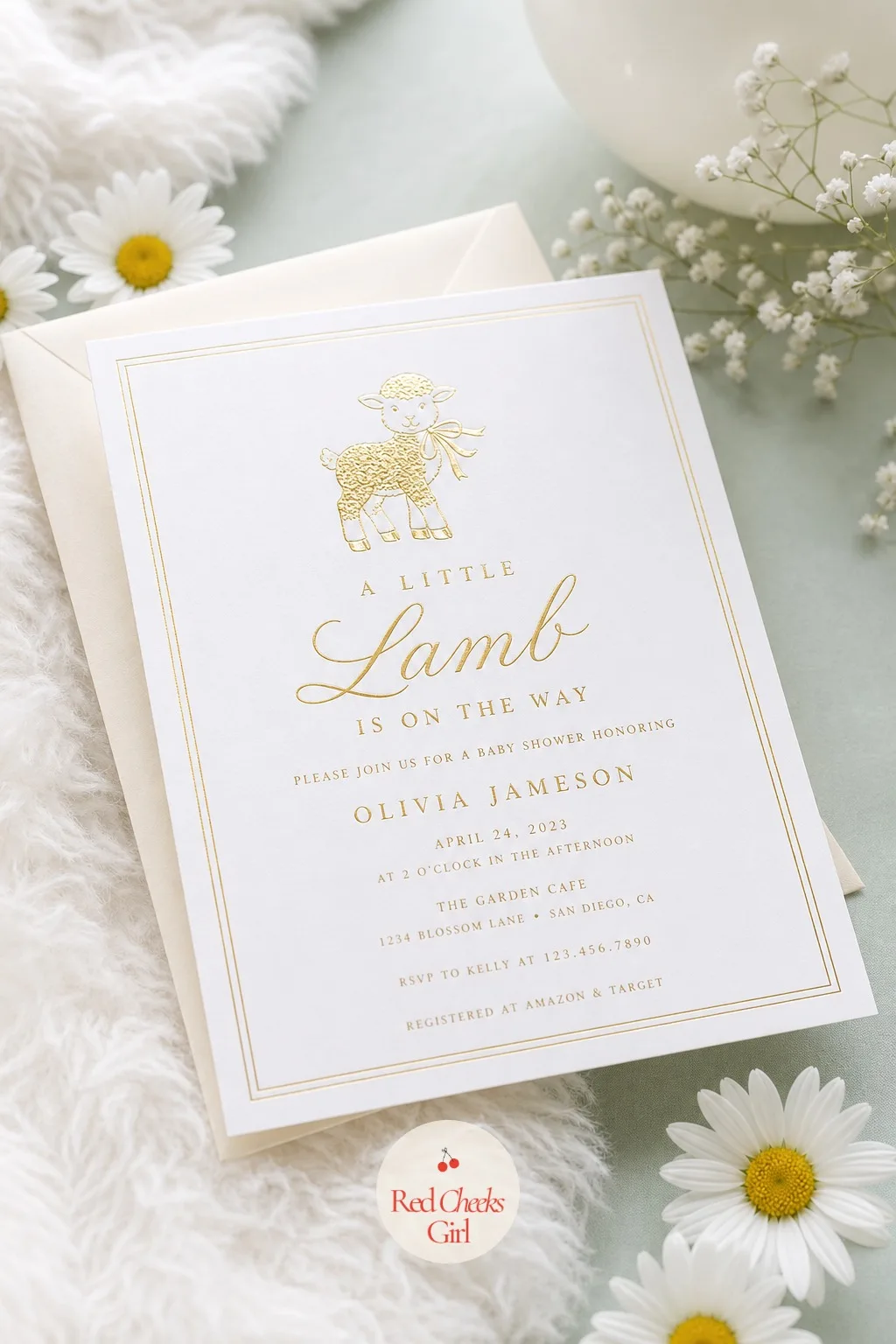 'A Little Lamb Is on the Way' Invitation — A flat white card with a thin gold stripe along one edge and a single gold foil lamb standing in the corner sets the