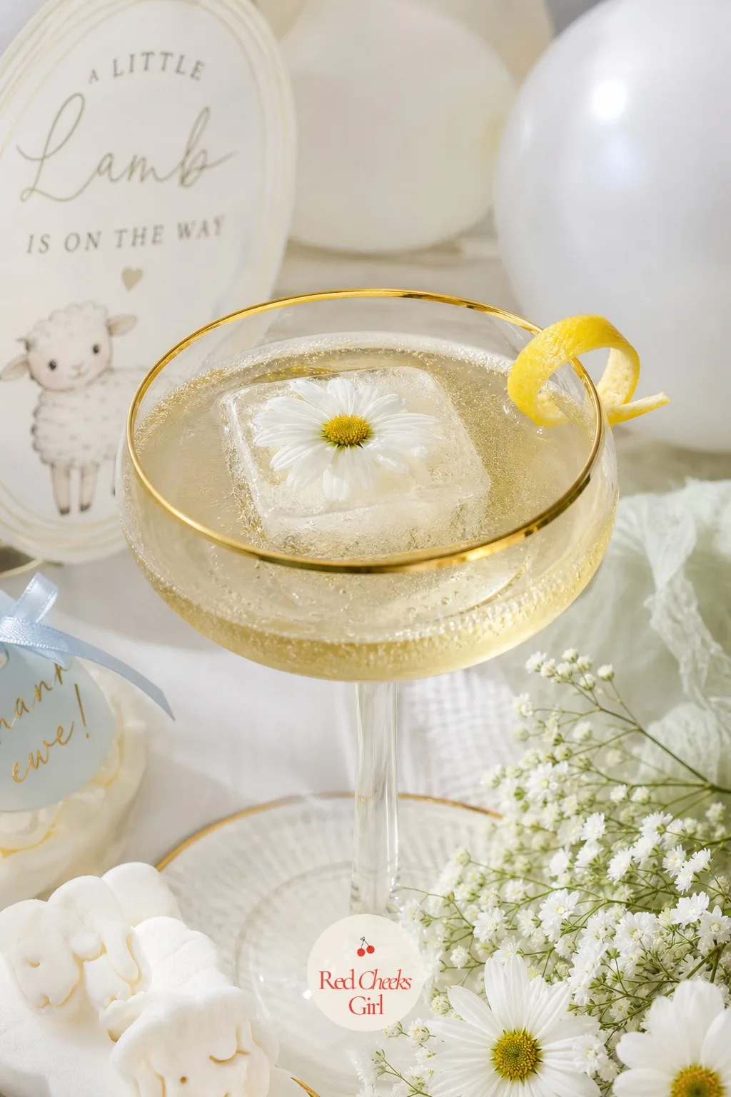 'Mary's Lullaby Fizz' Mocktail — A sparkling lemonade and elderflower mocktail, poured into gold rimmed coupe glasses, gets a frozen ice cube with a single