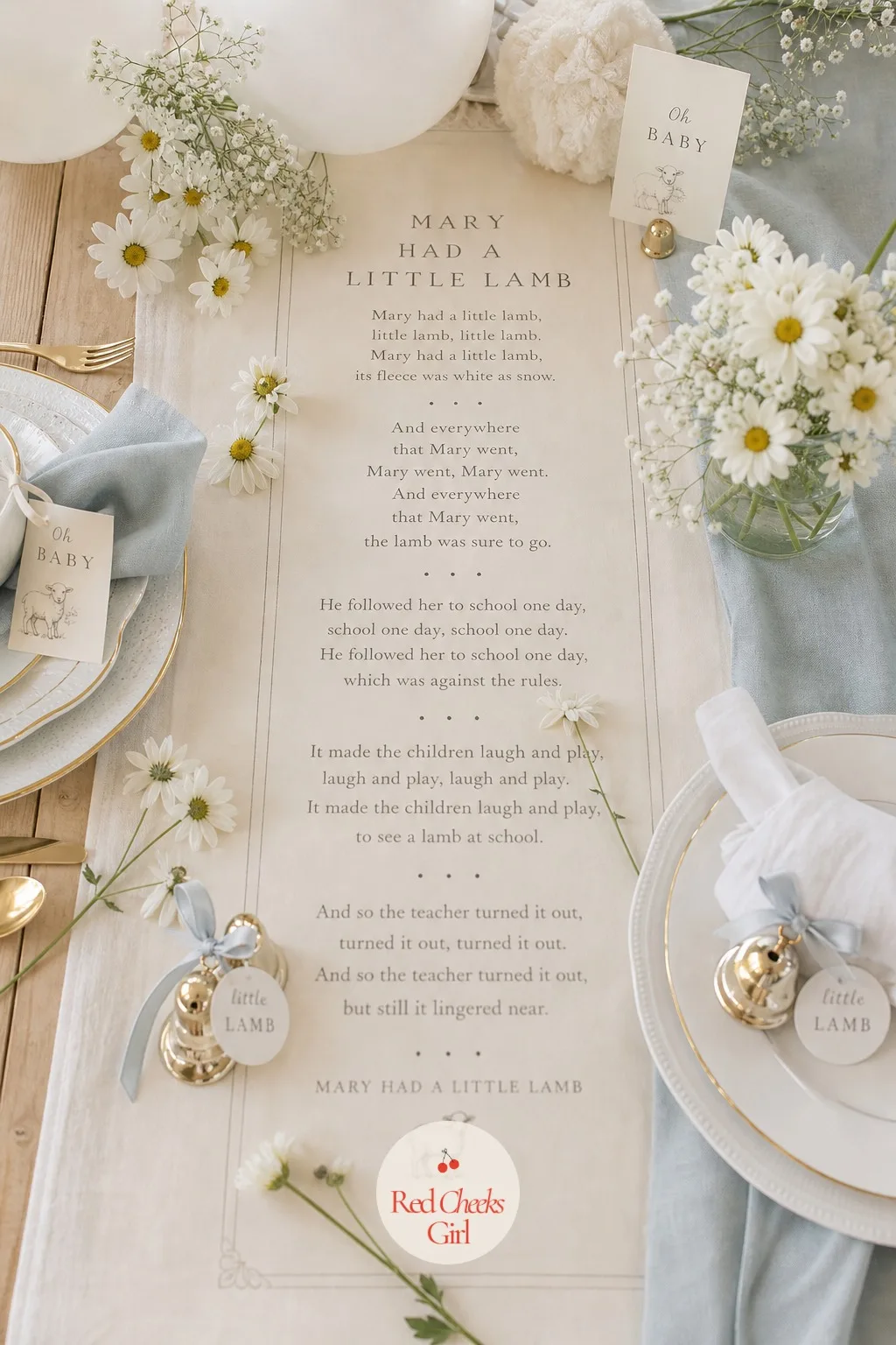 Nursery Rhyme Table Runner — A long cream paper runner printed with the verse of the rhyme in a soft serif, laid down the center of the table under the jars