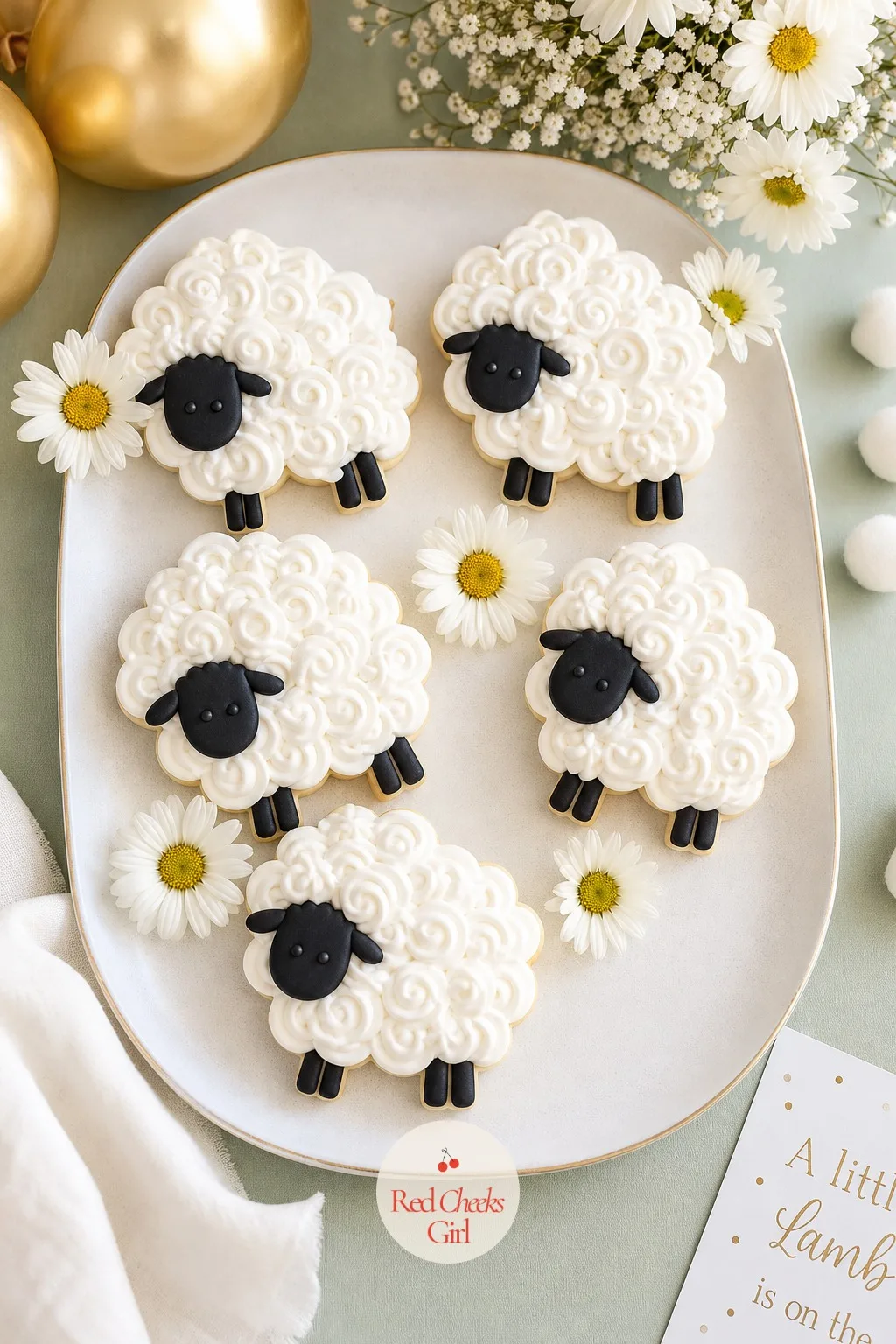 Sheep Sugar Cookies — Sugar cookies cut into a sheep silhouette carry white royal icing piped in small overlapping swirls for the body, with black fondant legs