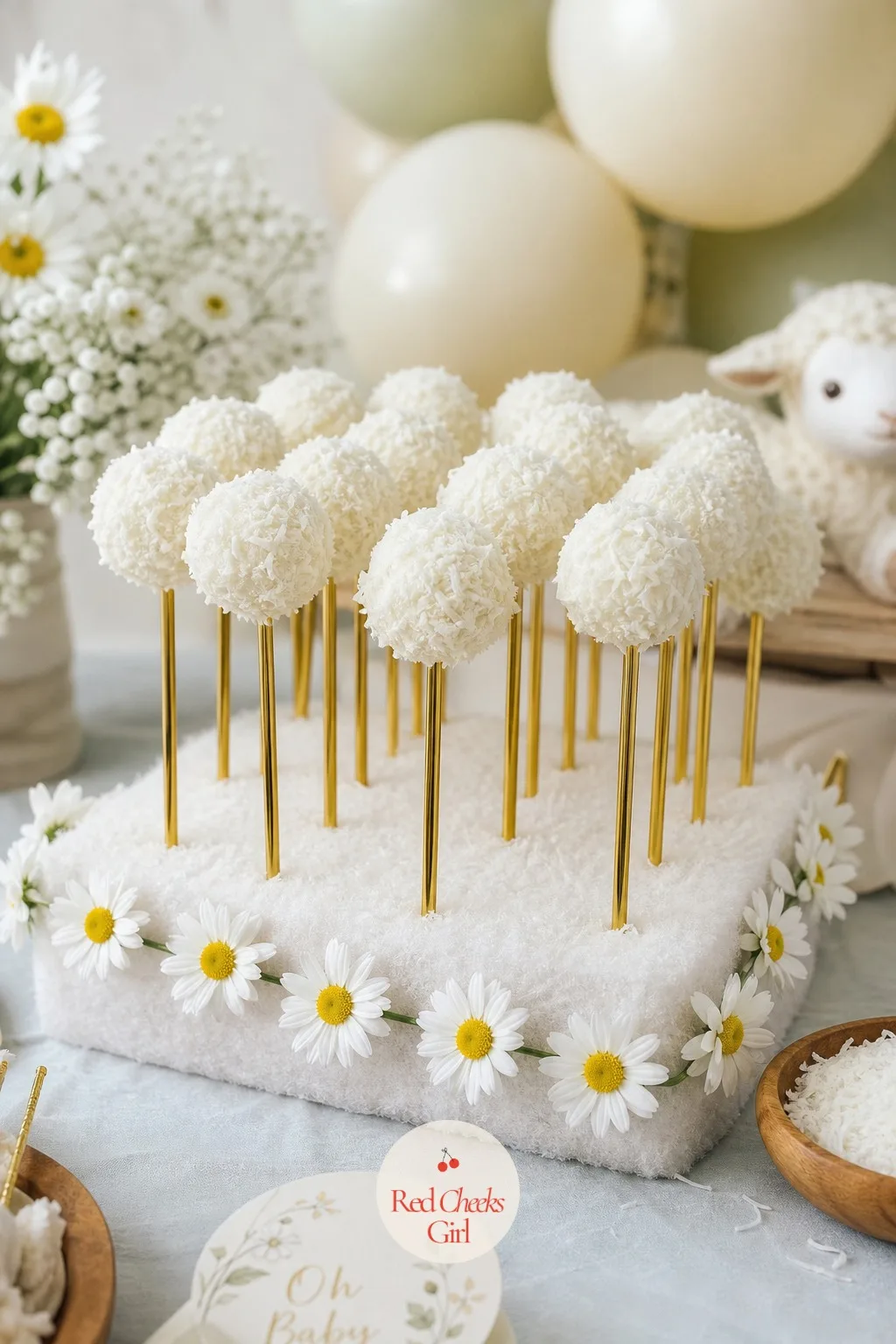 Wool Pom Pom Cake Pops — Cake pops rolled in finely shredded coconut, left white or very pale cream, stand in a styrofoam block wrapped in a strip of daisy