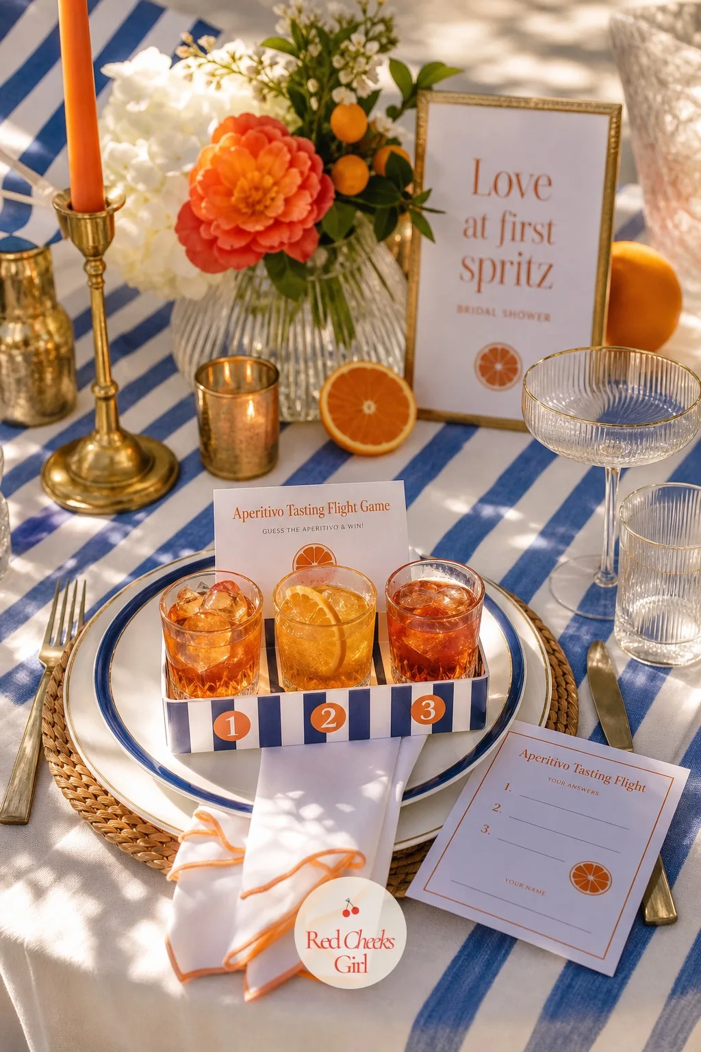 The Aperitivo Tasting Flight Game — This is the one proper sit-down activity of the afternoon, run in ten minutes flat: three small glasses per guest, each