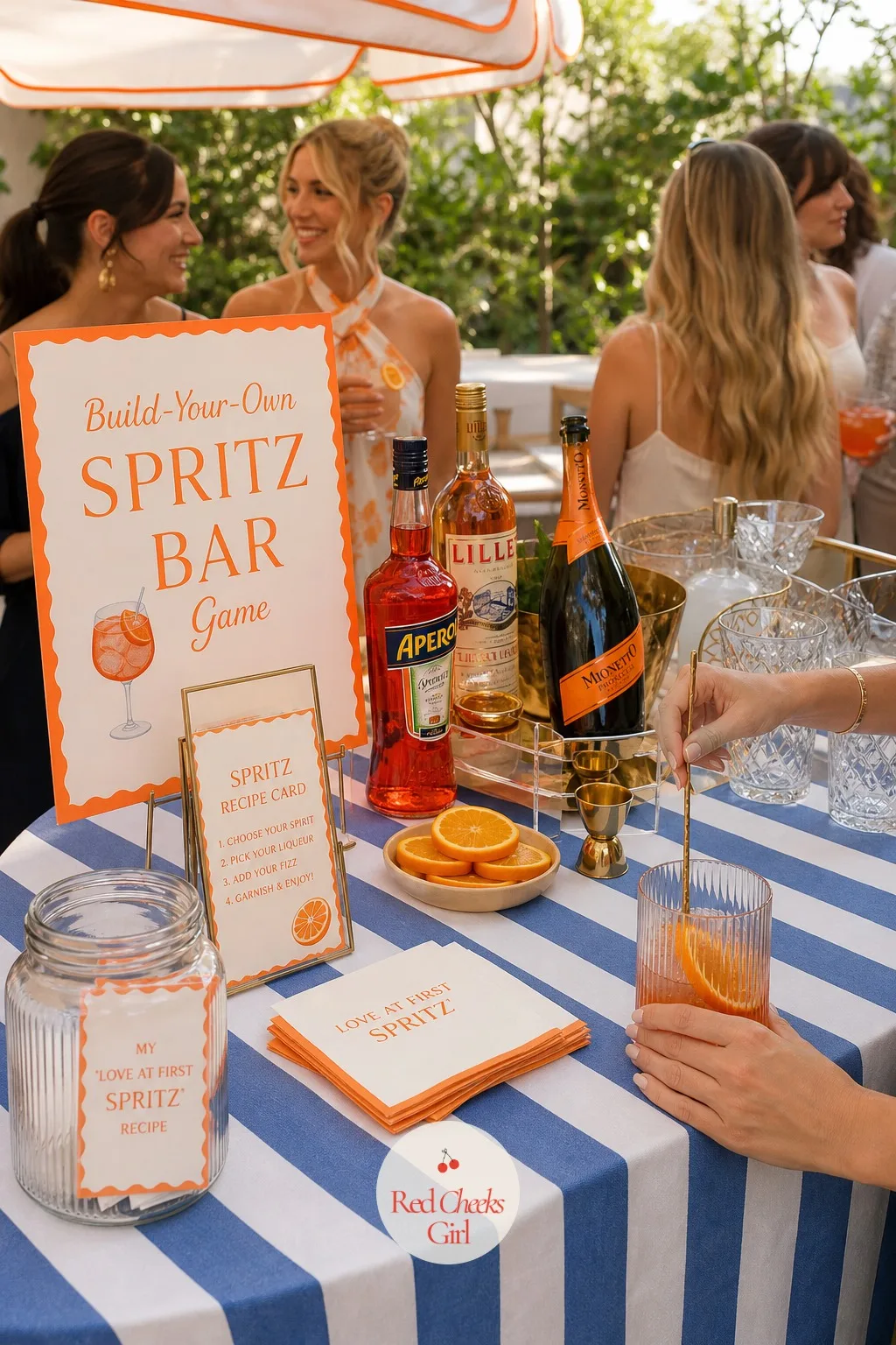 The Build-Your-Own Spritz Bar Game — This turns the drinks table into the party's main activity without anyone noticing it is a game: small cards beside the