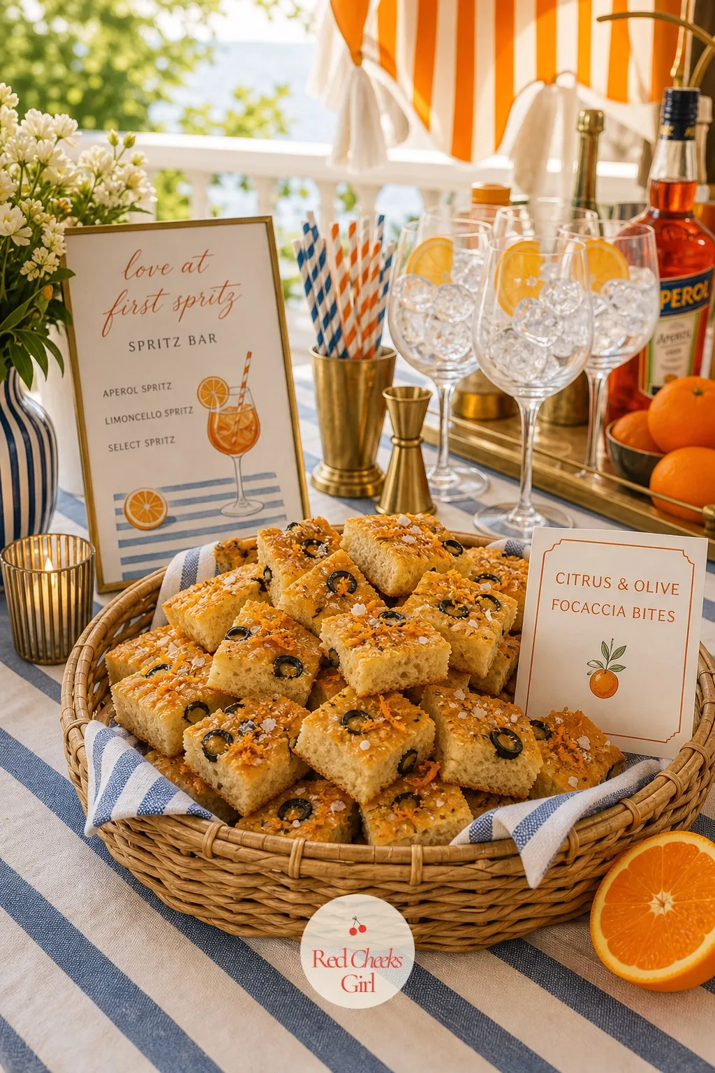 The Citrus and Olive Focaccia Bites — Set in a shallow basket near the drinks rather than on the main table, these are the bite guests reach for without