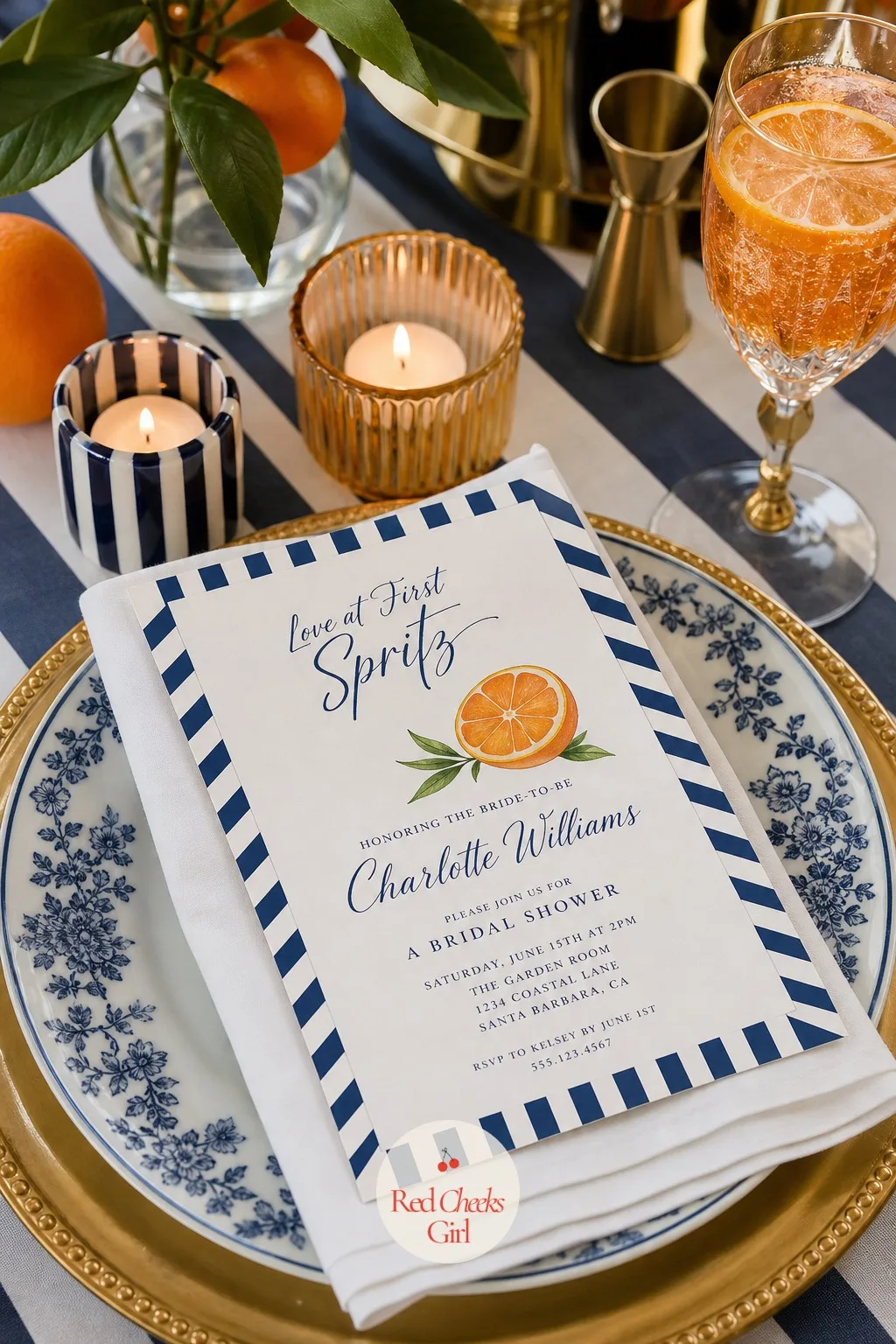 The Invitation — Before anyone sees the striped backdrop or tastes the cake, this is the first and smallest object they hold: a crisp card in white with a navy