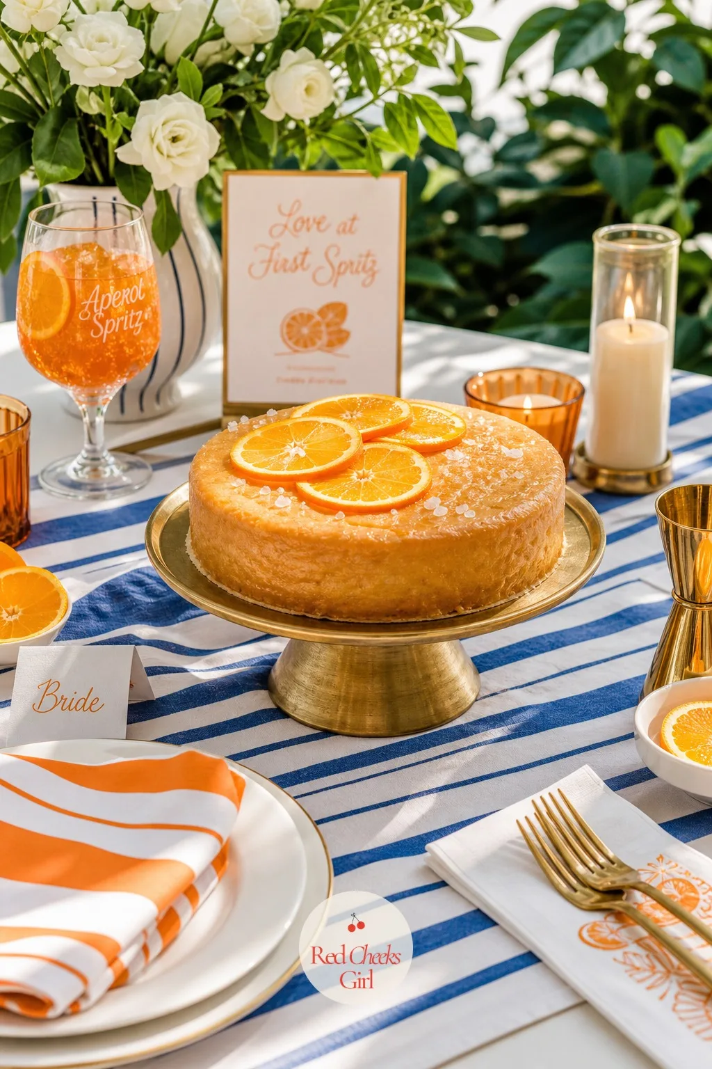 The Orange Olive Oil Cake — This stands at the centre of the dessert table on its own stand, not tucked behind other sweets: a simple round cake, pale gold