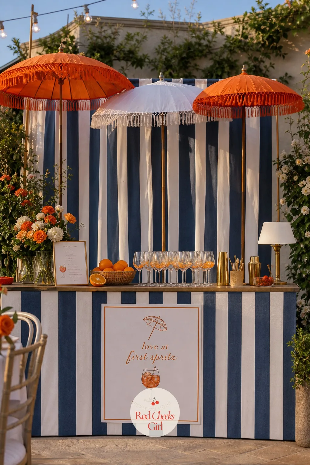The Striped Umbrella Backdrop — Behind the bar or along one whole wall, this is the piece that turns a rented hall into somewhere that looks like it belongs on