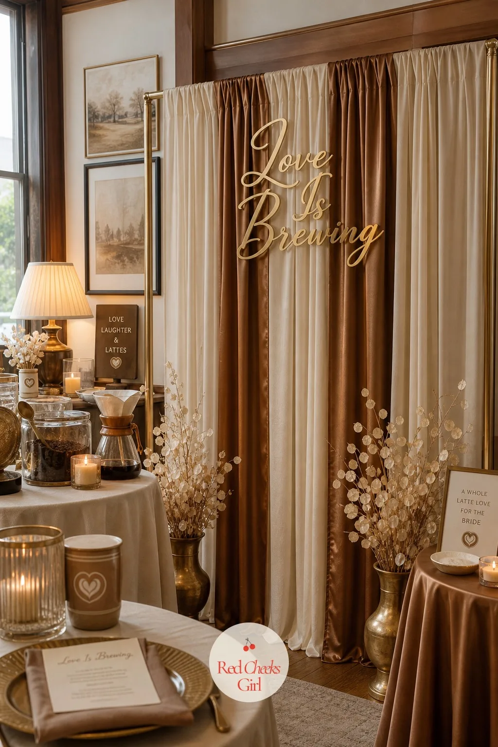 Backdrop with the "Love Is Brewing" Sign — Every phone comes out in front of this one, so it earns its wall. Love is brewing bridal shower ideas