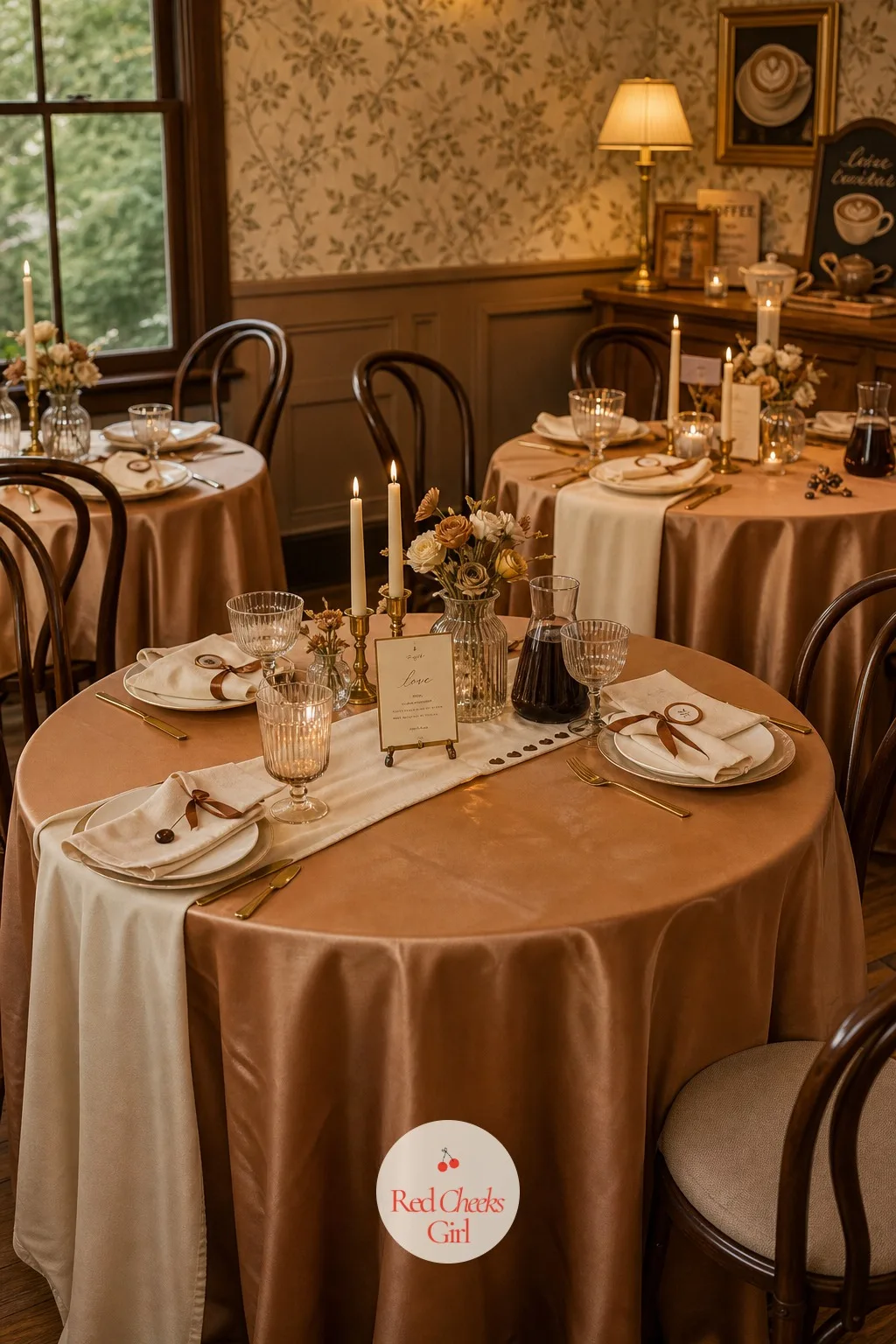 Cafe-Style Tables — She does not want rows of banquet tables, she wants the feeling of a real cafe where every seat has a view of someone she loves. Love is
