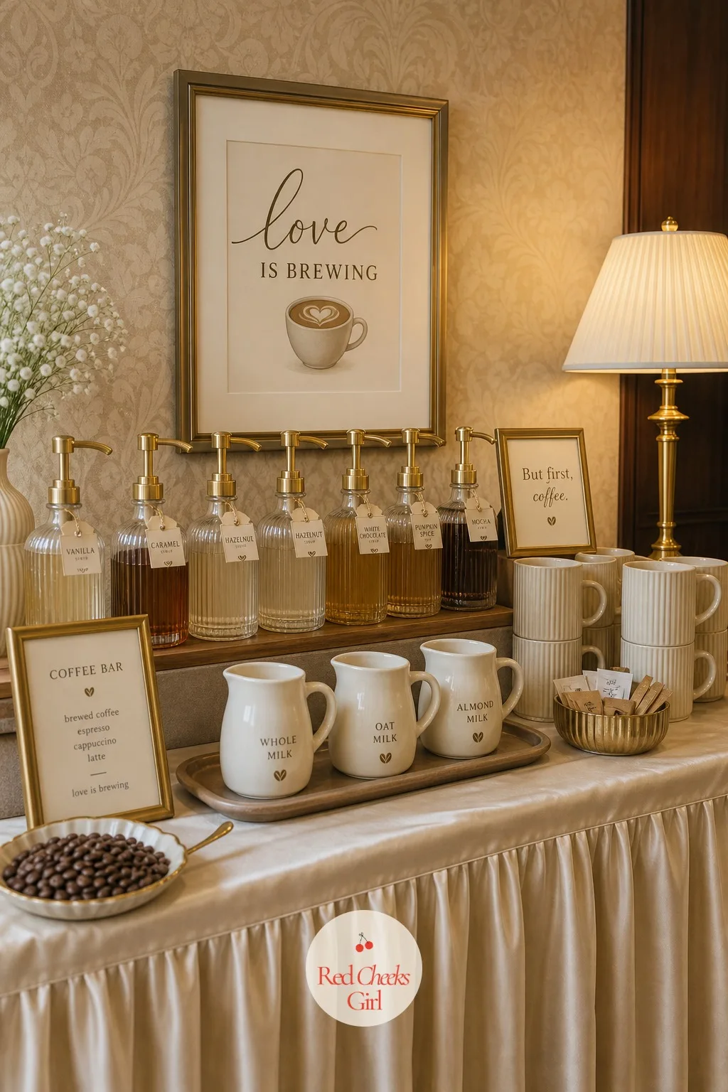 Coffee Bar with Flavored Syrups and Milk Options — This is the first thing anyone sees, so it has to read as a real cafe counter, not a card table with a