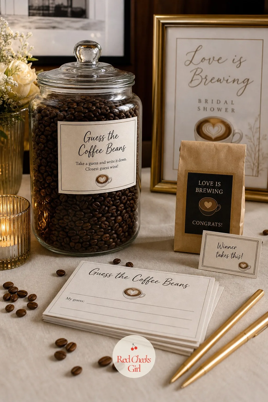 Guess the Coffee Beans Jar Game — This is the game that runs itself all afternoon, sitting on the gift table so people guess while they wait their turn rather